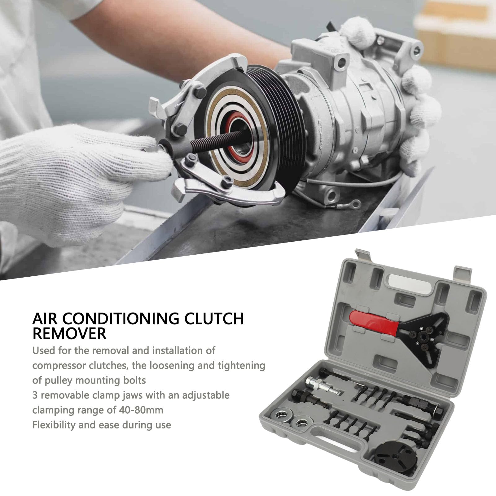 Estrattore Frizione AC per Riparazione Auto, 3 Ganasce Tavolo di Regolazione 40-80 Mm |Chiave a Due Funzioni, Acciaio Inossidabile con Rivestimento Nero, Compressore CA per Appassionati di