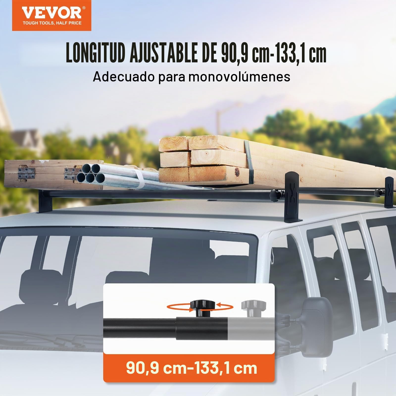 VEVOR Portaequipajes de Techo para Furgoneta Ajustable 91-133 cm Portaequipajes de Acero de Aleación 2 Barras con Topes de Escalera Capacidad de 227 kg para Furgonetas de Tamaño Completo para Viajes