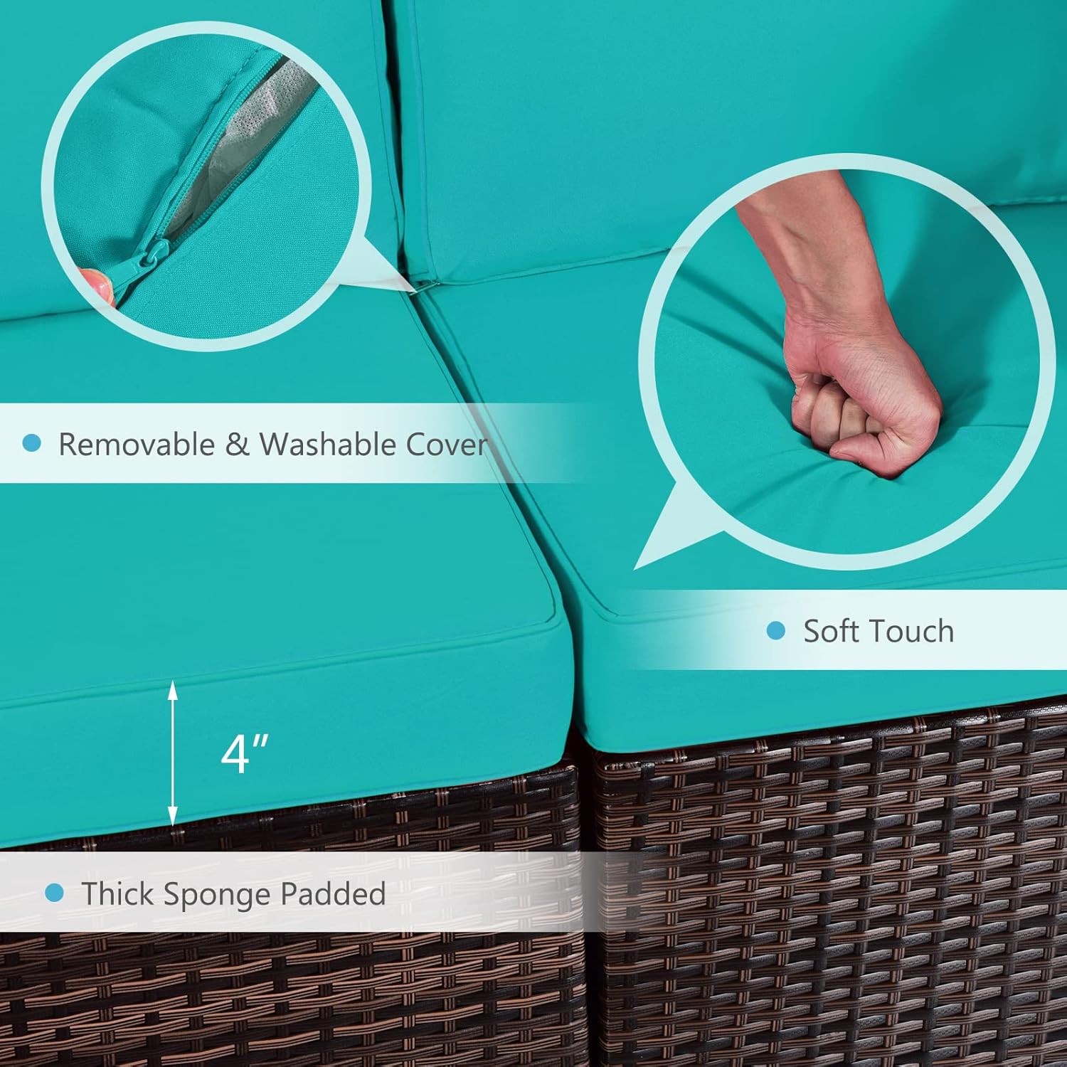 Tangkula 8 Piece Outdoor Wicker Sofa Set, Patio Rattan Conversation Set w/32” Propane Fire Pit Table & Tank Holder, 40,000 BTU Heat Output, Cozy Seat & Back Cushions, Fire Pit PVC Cover (Turquoise)