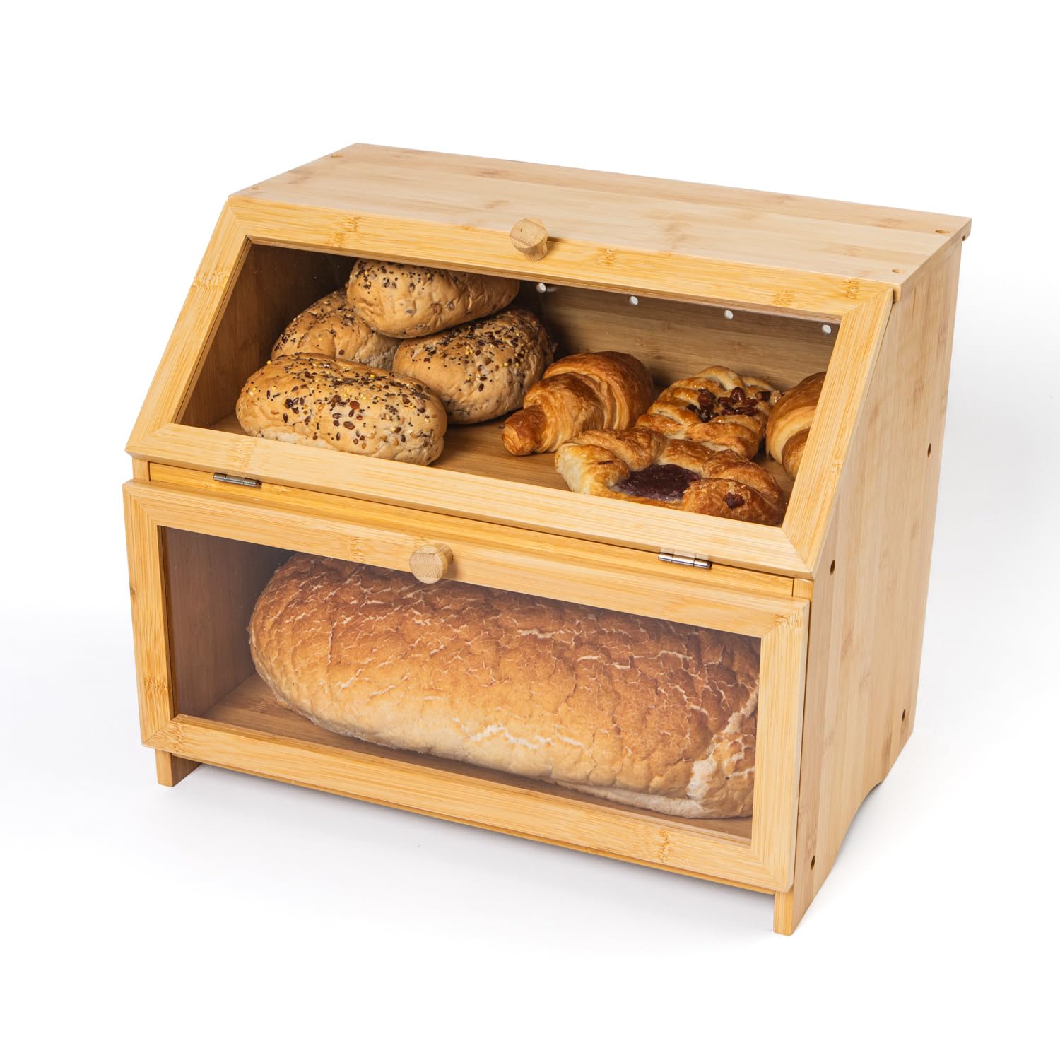 3-In-1 Double Decker Bamboo Bread Bin 2-Tier Bread Box With Cutting Board And Knife Holder Naturally Antibacterial Sustainable Eco Friendly Storage Box Organic Premium Kitchen Organiser (No Board)