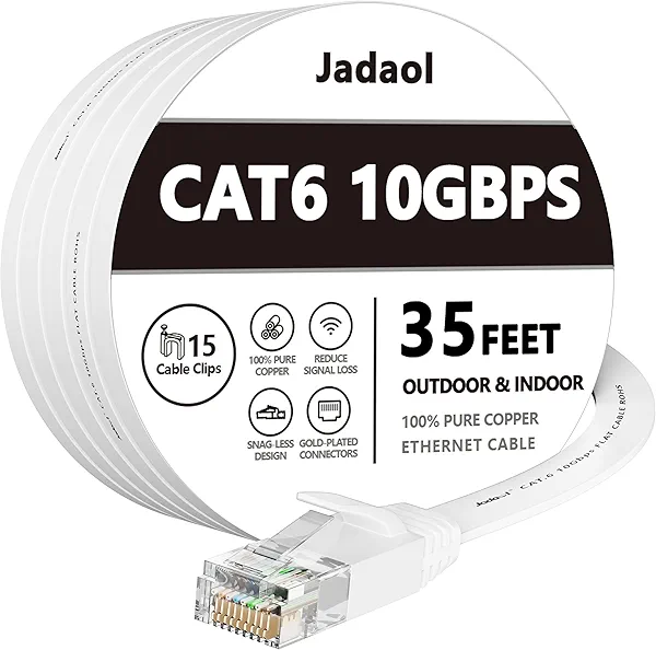Jadaol Cat 6 Ethernet Cable 35 ft, Outdoor & Indoor 10Gbps Support Cat8 Cat7 Network, Flat RJ45 Internet LAN Computer Patch Cable for Router, Modem, Switch, Gaming Consoles, Streaming Devices, White