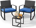 Qsun 3 Pièces Ensemble de meubles de patio extérieur Rocking Bistro Set de conversation en rotin extérieur avec table de café pour jardin Balcon côté piscine (Coussin gris)