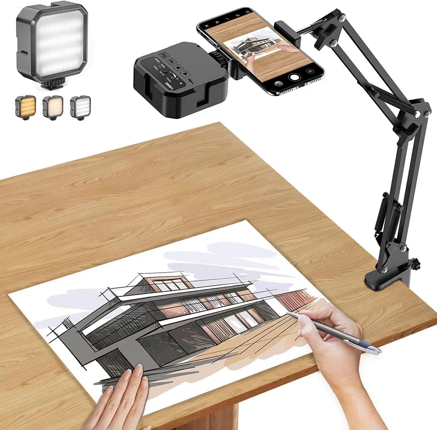 Overhead Phone Mount, Articulating Arm Cell Phone Holder with LED Light, Flexible Phone Stand for Live Streaming,Video Recording,Drawing,Cooking