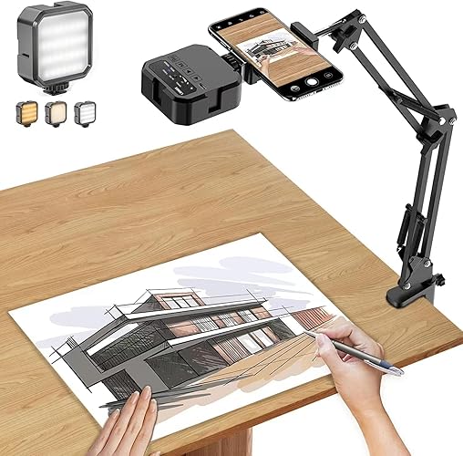 Overhead Phone Mount, Articulating Arm Cell Phone Holder with LED Light, Flexible Phone Stand for Live Streaming,Video Recording,Drawing,Cooking