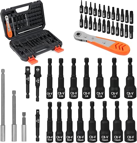 HORUSDY Juego de 47 destornilladores de tuercas SAE y métrico, destornillador de tuerca magnético de impacto para taladro de impacto, adaptadores de
