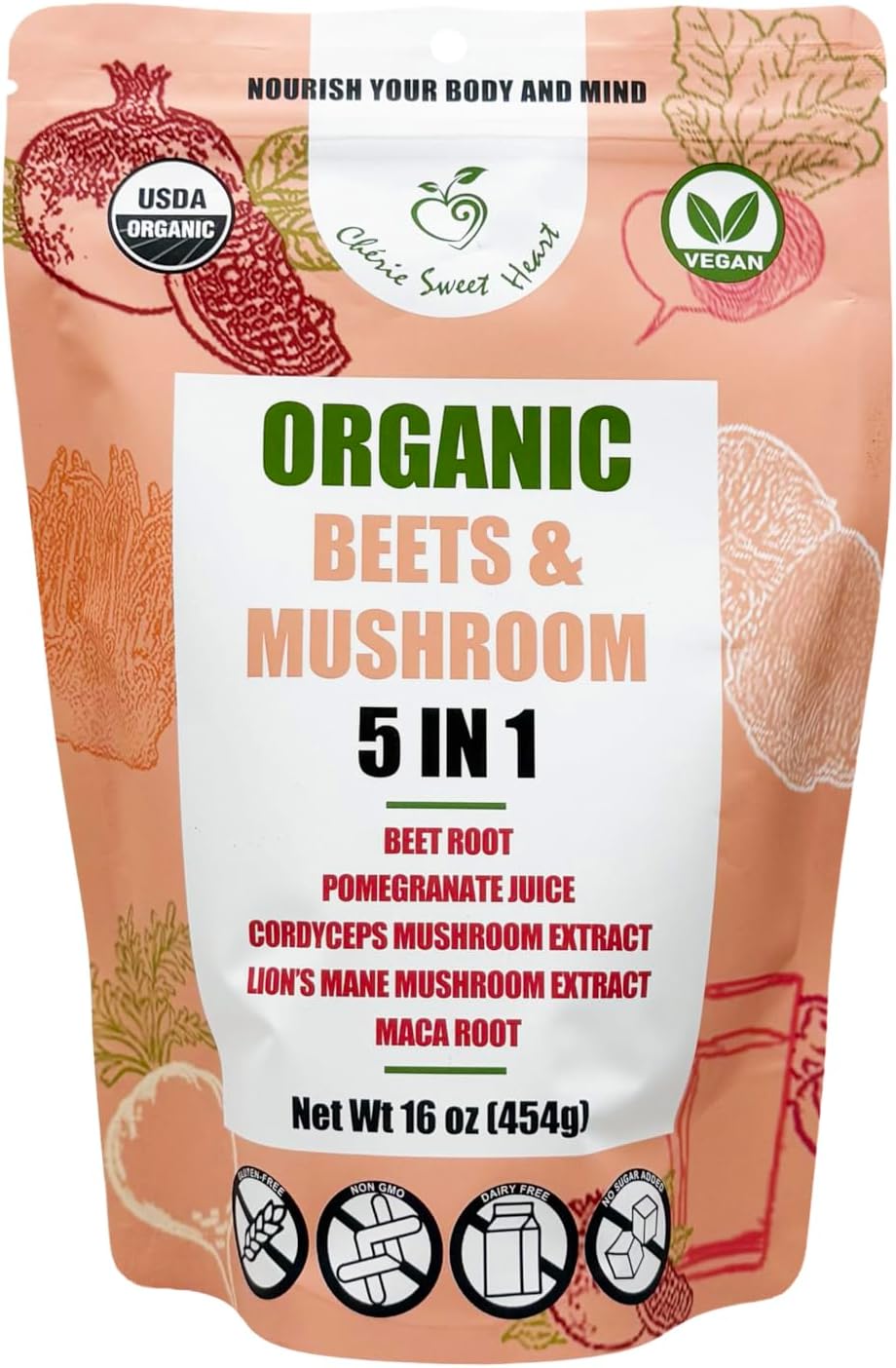 Cherie Sweet Heart Organic Beets & Mushroom 5 in 1, Beet Root Powder, Mushroom Powder Supplement, Beetroot with Pomegranate, Cordyceps, Lions Mane, Maca, USDA Organic, Gluten Free - 16 oz Pouch