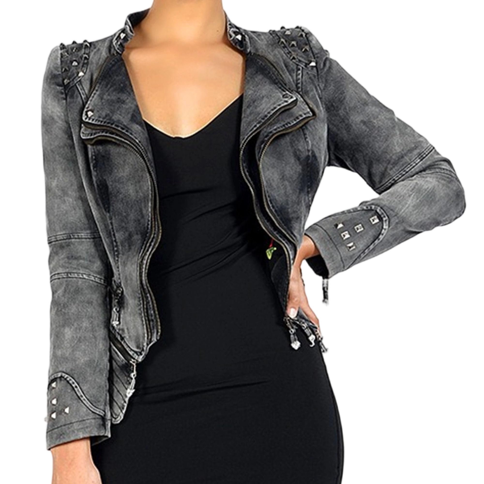 Chaqueta vaquera clásica de mujer estilo motero con cremallera y remaches.