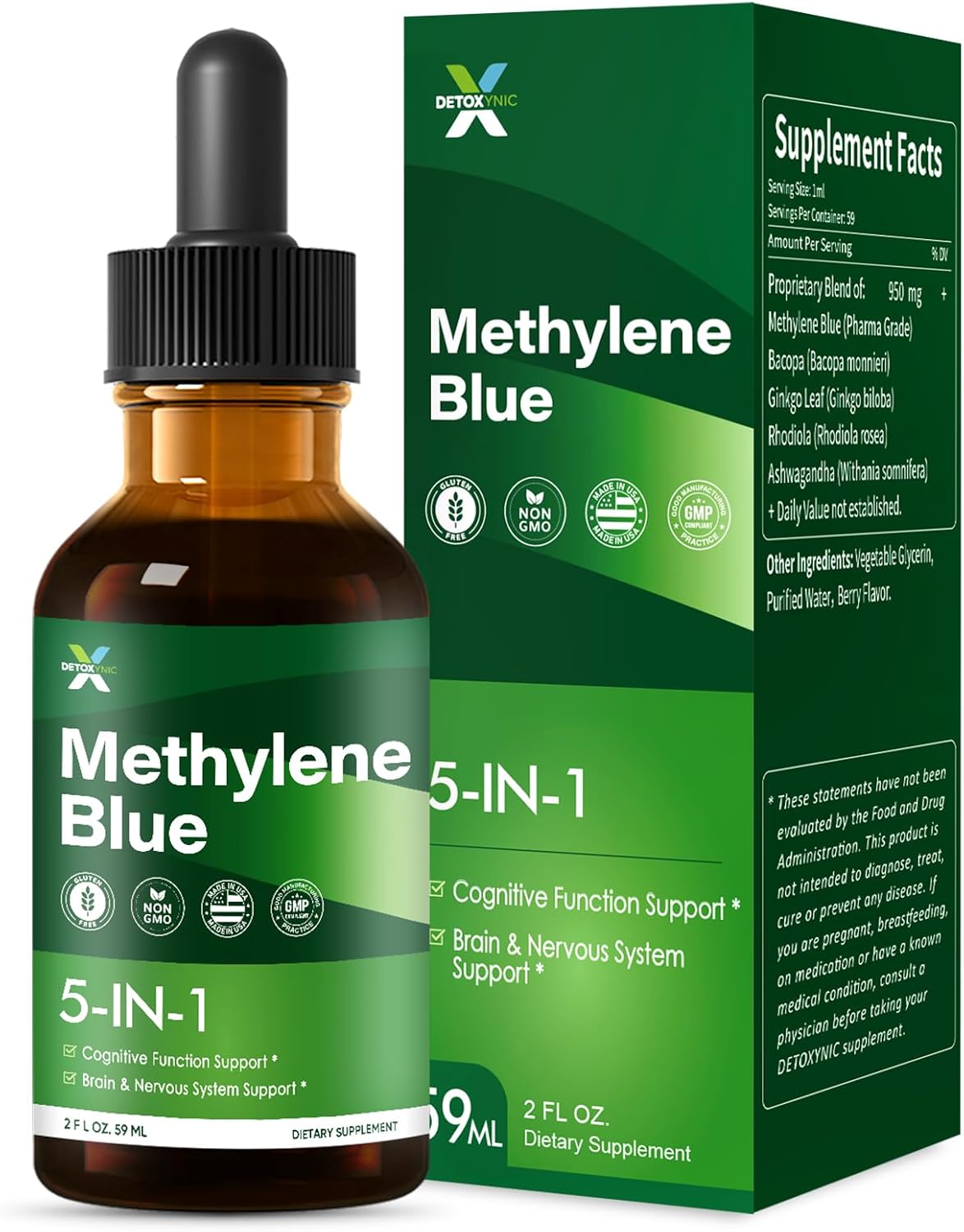All-in-1 Methylene Blue Liquid Drops Support Cognitive Function - Brain Support Supplement Formulated with Herbal Extracts Ginkgo Leaf Bacopa & Ashwagandha, Formaldehyde Free for Human. 2oz