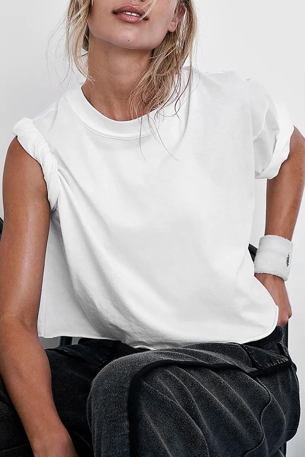 Women's Oversize Workout Crop Tops Casual Short Sleeve Drop Shoulder Boxy T-Shirts Roll Hem Basic Loose Yoga Running Tees - Image 2