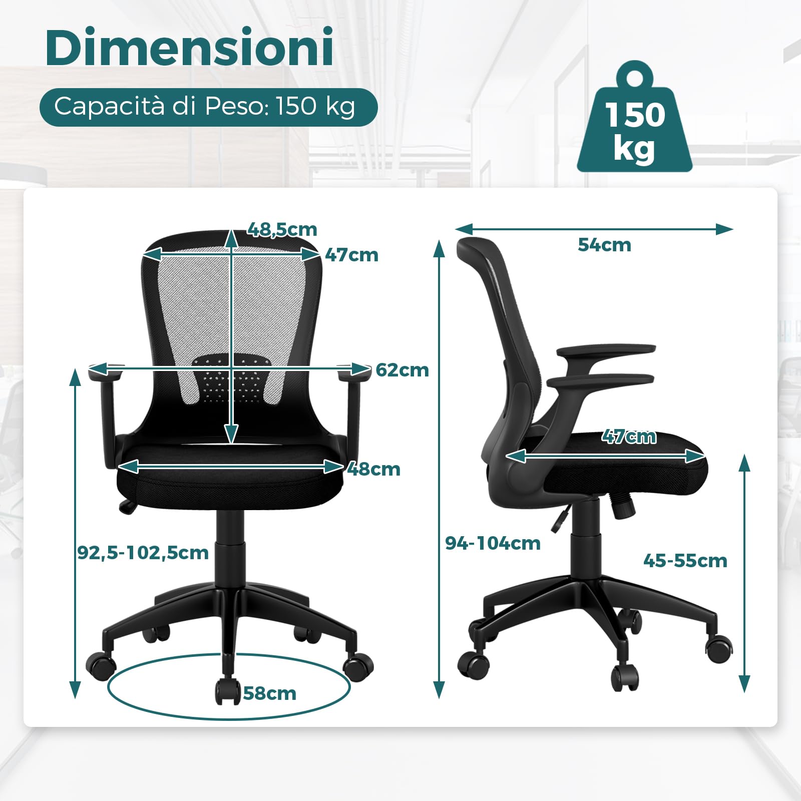 COSTWAY Sedia da Ufficio Girevole in Rete