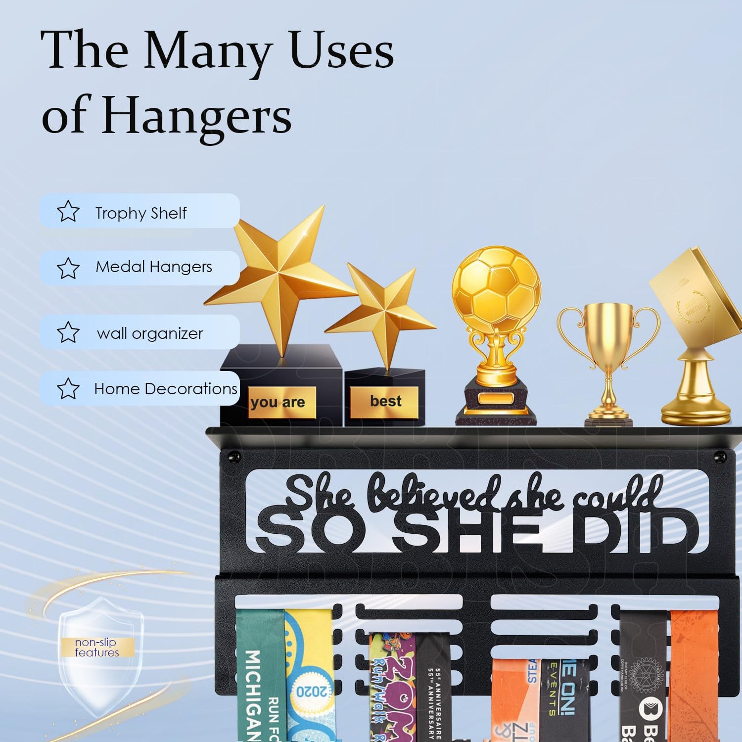 iBobbish Metal Medal Hanger Display,Non-Slip Trophy Shelf with 20 Hooks,Wall Mount,Heavy Duty,Non-Bent,Holds 22-33lbs,for Gymnastics,Race,Soccer,Swim
