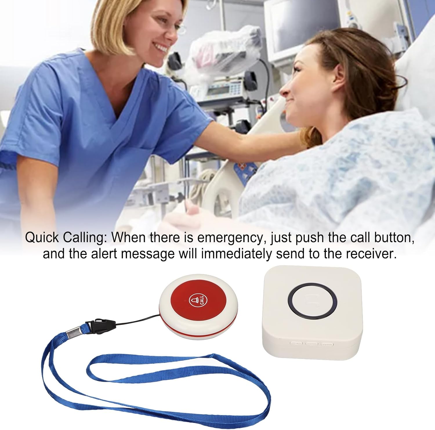 Caregiver assisting an elderly patient, illustrating the use of the call button