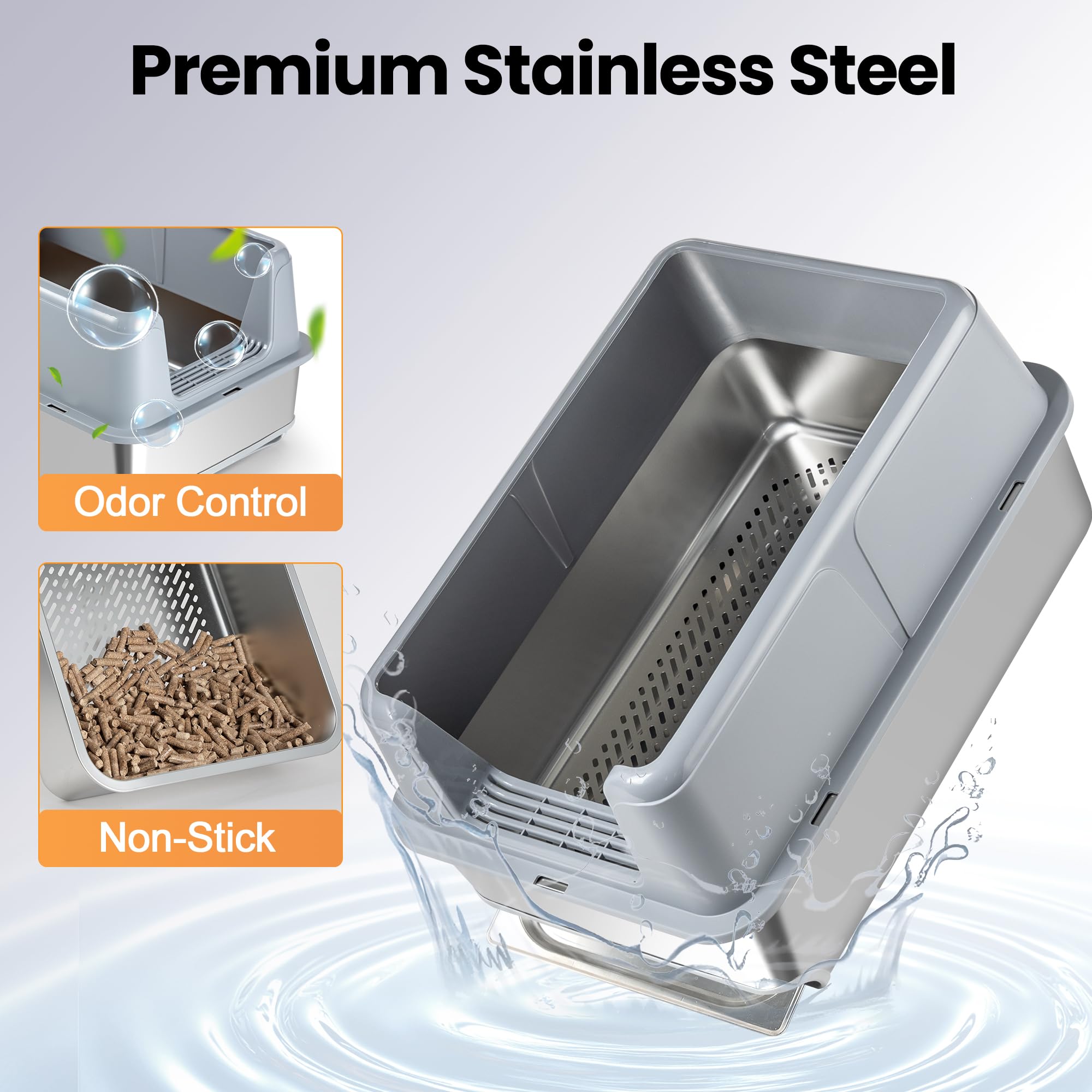 23.6''x15.6''x12'' Stainless Steel Sifting Litter Box with Sifter, Pine Pellet Litter Box with Lid for Big Cats, Built-in Sifter, No Waste Bag Needed, Easy to Clean & Durable (Grey) - image 5