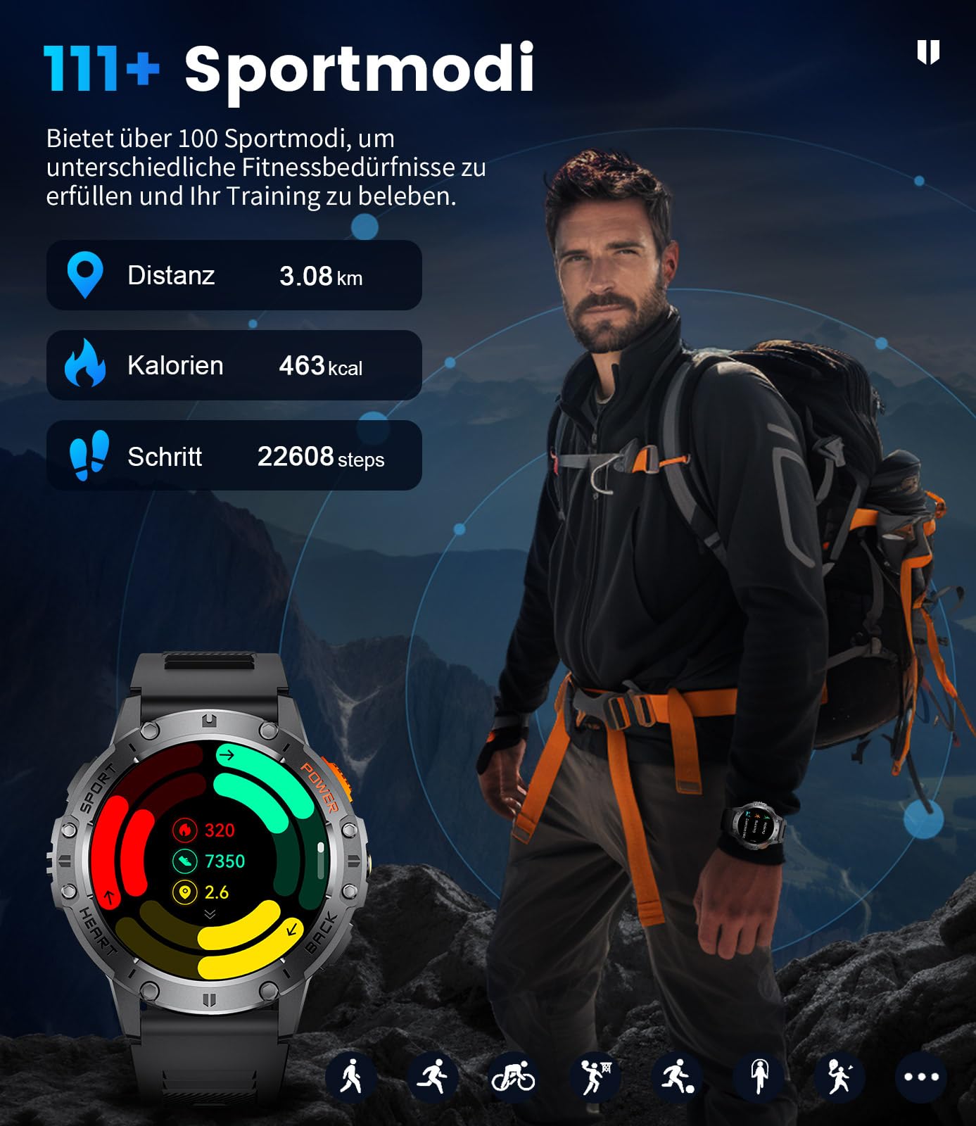 Militär Smartwatch Herren mit LED-Licht/530 mAh Batterie,1,43" AMOLED Smartwatch Fitnessuhr mit 120 Sportmodi/Herzfrequenzmonitor/Schlaf/SpO2,IP68 Wasserdicht Schrittzähler für Android iOS,3 Armbänder