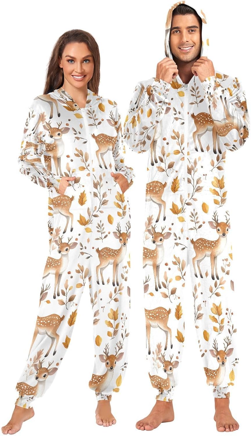 Deer Maple Leaf Adult Onesie Pajamas Novelty One Piece Costume Sleepwear Jumpsuits Matching PJS