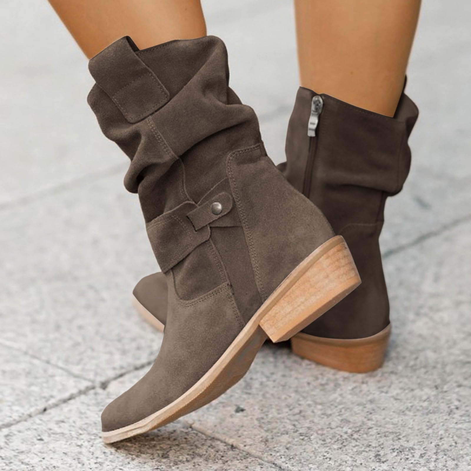 Generisch Botas de equitación de invierno para mujer, comercio exterior, otoño e invierno, botas de mujer, tela vaquera, tacón cuadrado, tacón bajo, hebilla de cinturón, botas altas
