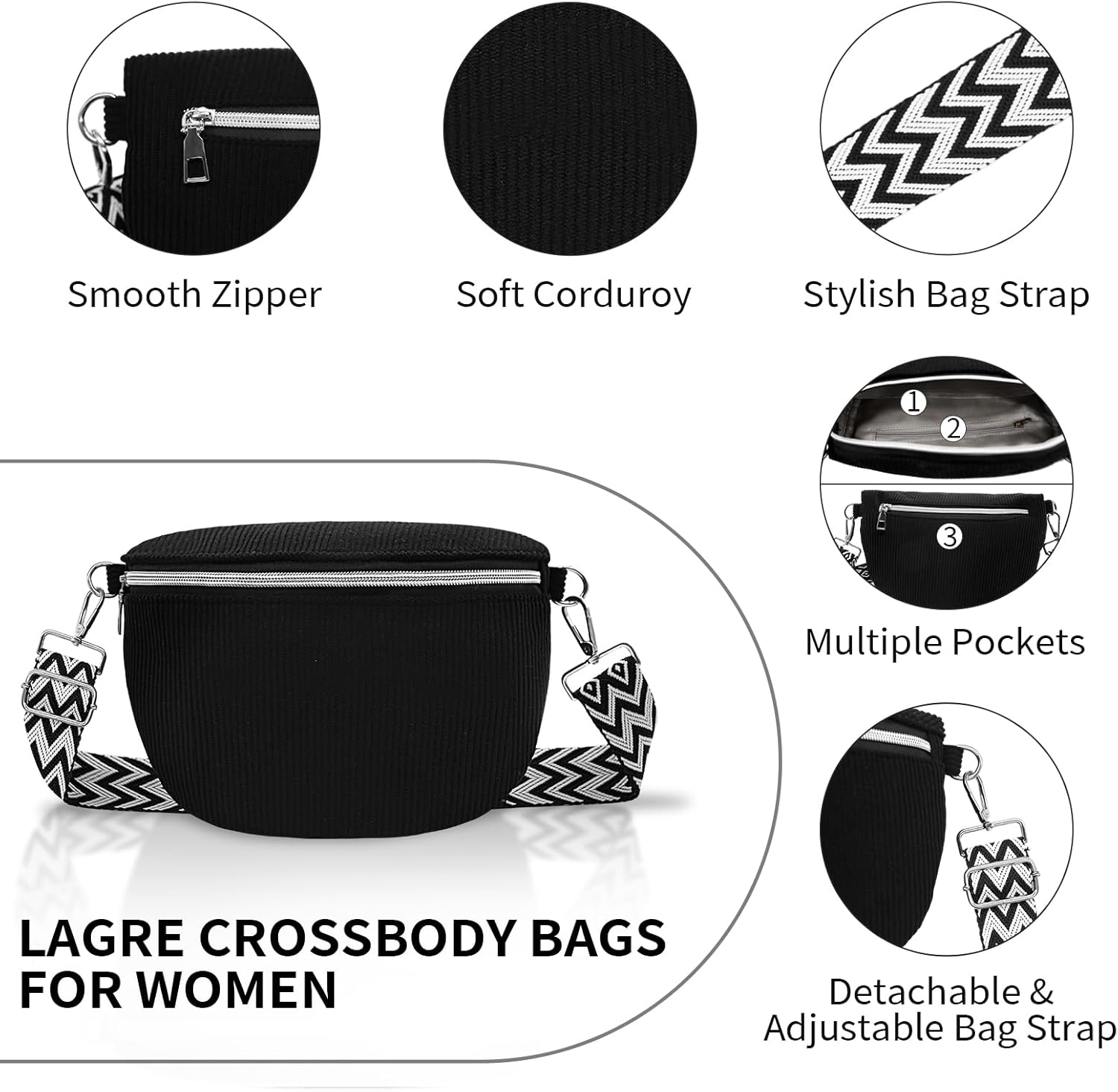 LJCZKA Corduroy Crossbody Bags for Women Large Corduroy Bum Sling Bags Adjustable Fanny Waist Pack Belt Purse Chest Shoulder Bag (White) - Image 4