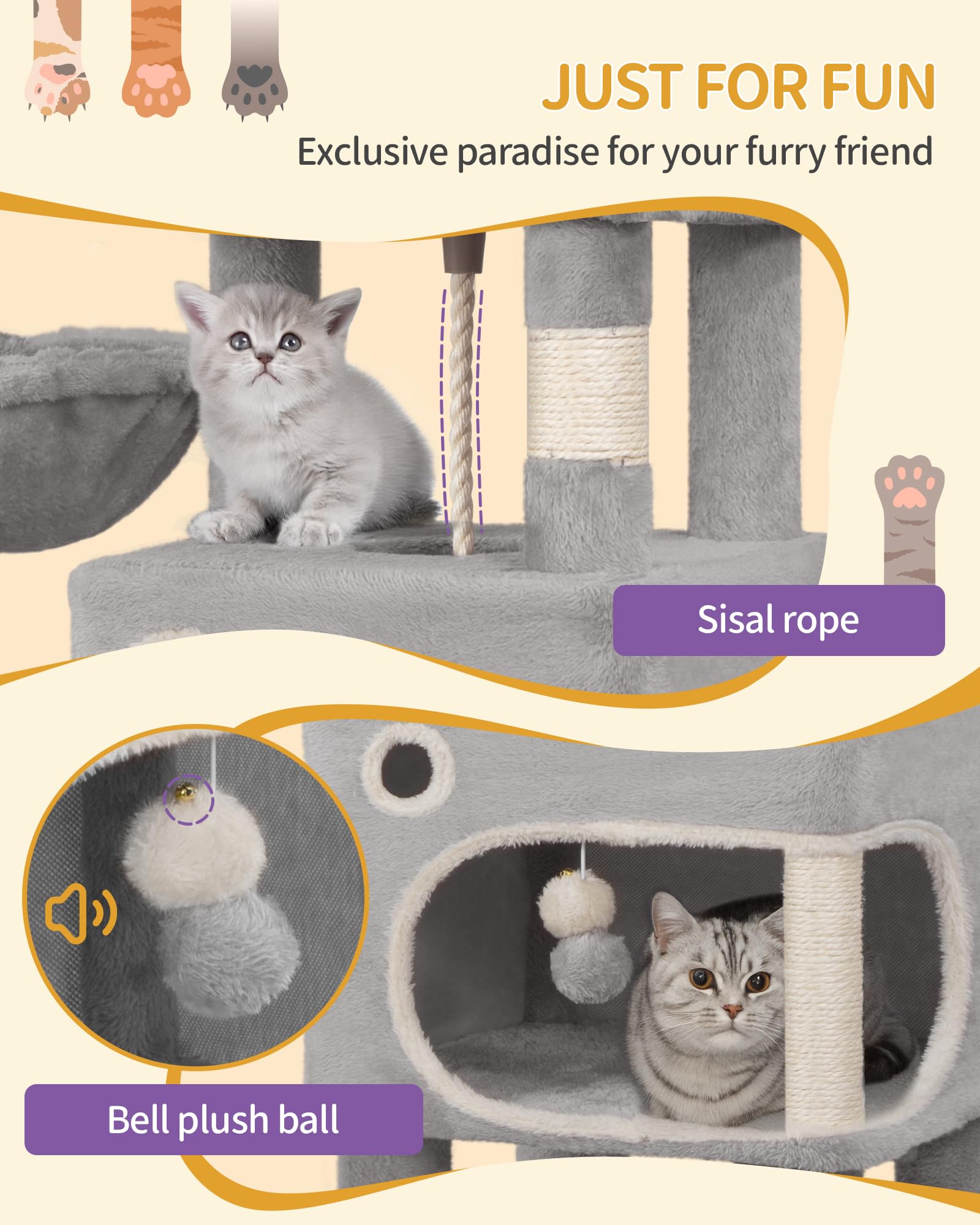 Hzuaneri Kat Krabpaal, 159 cm Hoge Kattenboom, met 7 Laag Multi Functie Speelplaats voor Katten, Dubbele Holtes, en Drie Uitzicht Platforms, Geschikt voor Meerdere Katten, Beige MS15918YL