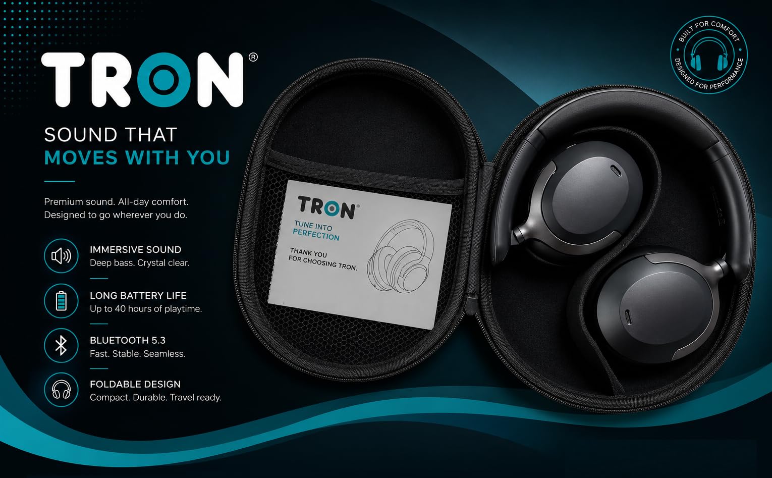 TRON Cuffie ibride con cancellazione del rumore, over-ear wireless con batteria 60H, modalità trasparenza, ricarica rapida, design pieghevole, custodia da viaggio inclusa (TR110)/nero