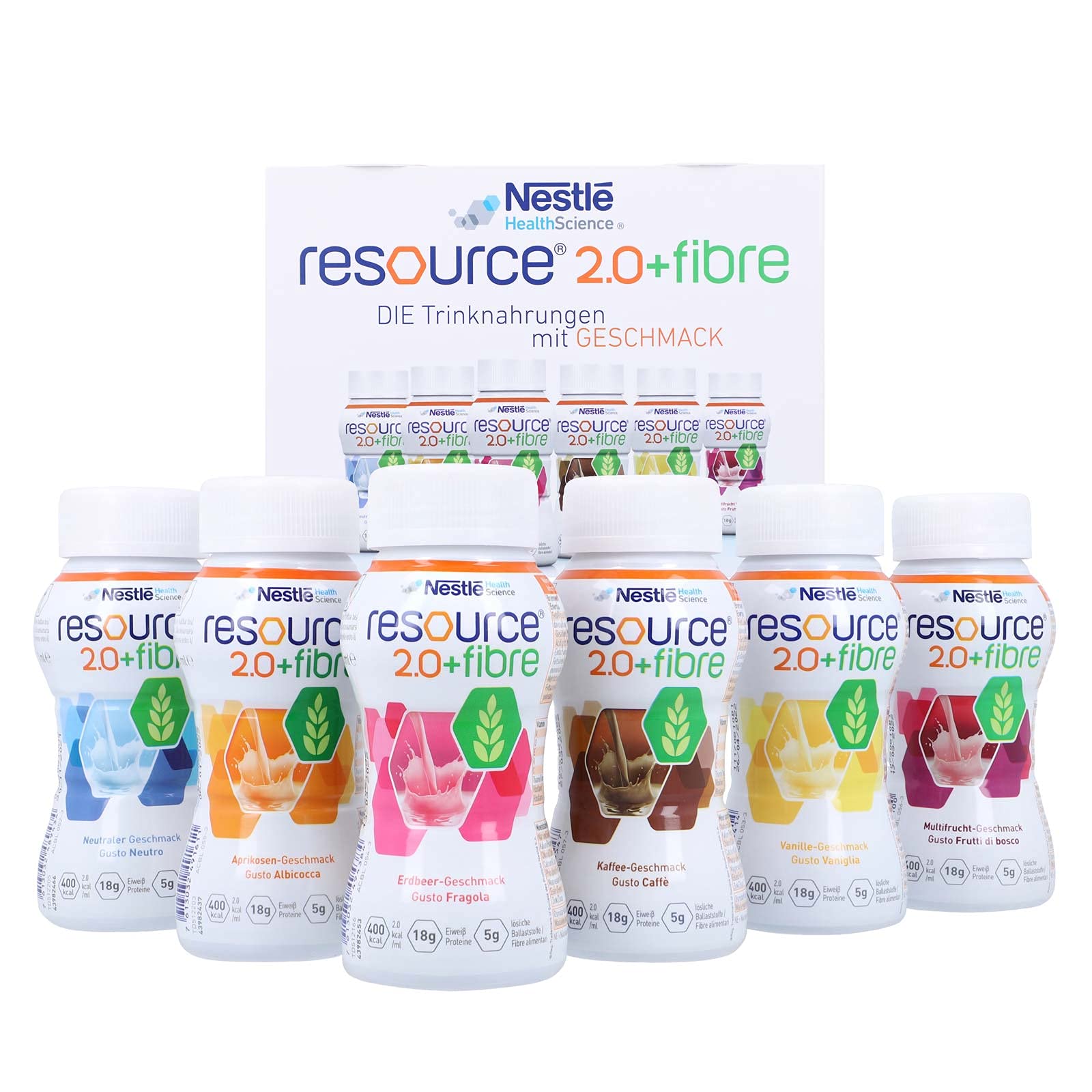 resource® 2.0+fibre ist eine hochkalorische Trinknahrung mit hochwertigem Milcheiweiß und löslichen Ballaststoffen | Glutenfrei & Lactosearm | Probe-Set, 6 Sorten mit je 200 ml
