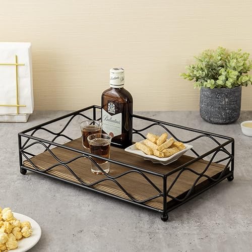 Miniatura 4 de MyGift Bandeja decorativa rústica para servir, madera quemada, bandeja de exhibición de alambre de metal negro mate con patas redondeadas