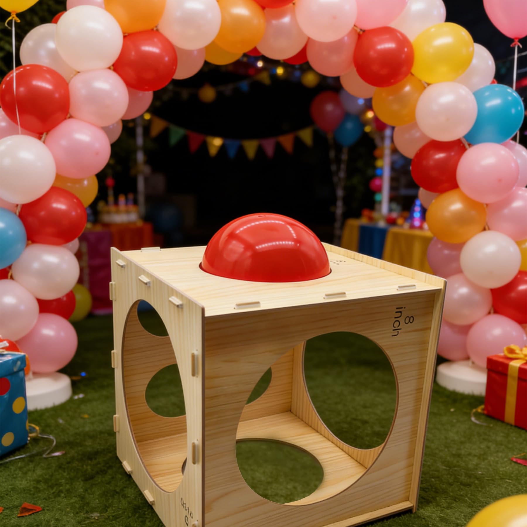 Scatola di misurazione per palloncini pieghevole in legno, strumento di misurazione per palloncini a 9 fori, per decorazioni di palloncini, kit per arco di palloncini (5-25 cm)