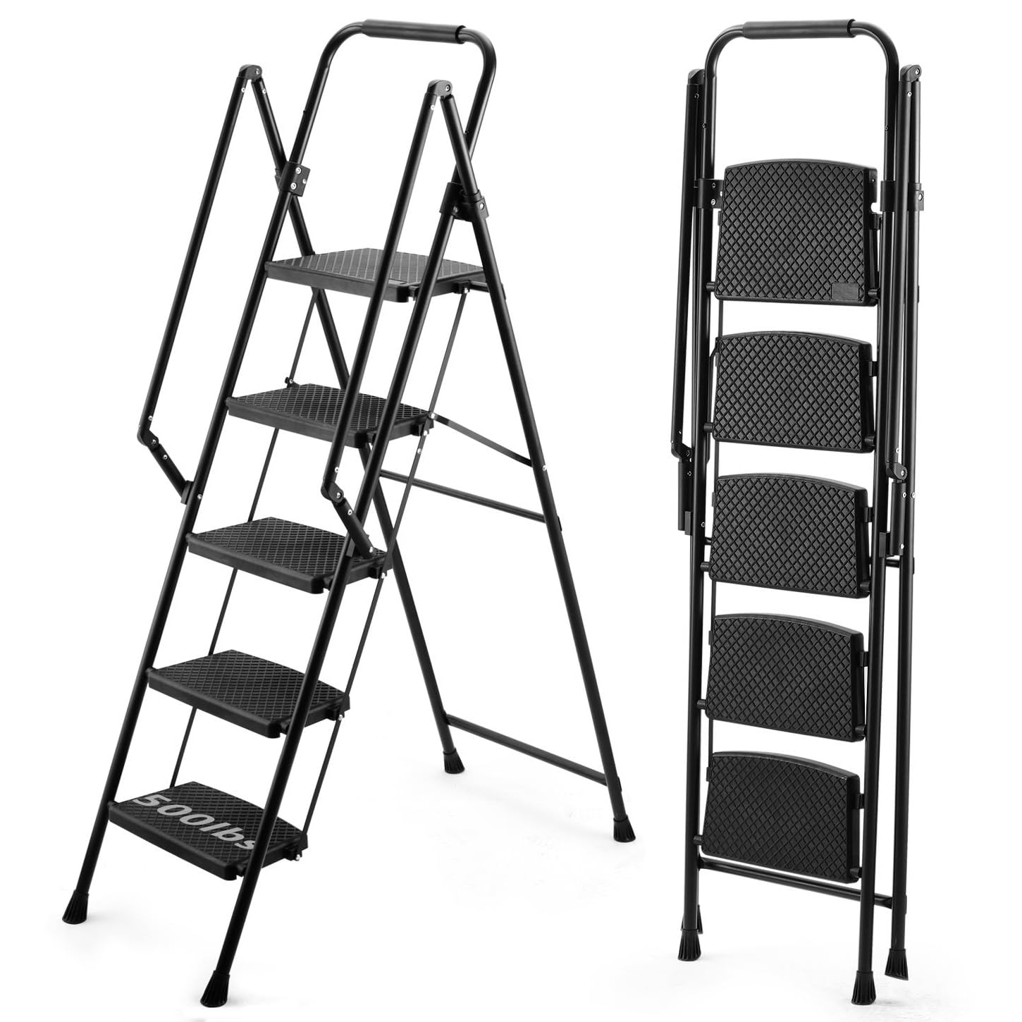 5 Step Ladder, Folding 5 Step Stool with Handrails, Sturdy Steel Ladder with Wide Pedal, Ladders for Home Kitchen Pantry Office, Lightweight Sturdy Steel Ladder for Adults Portable,Black