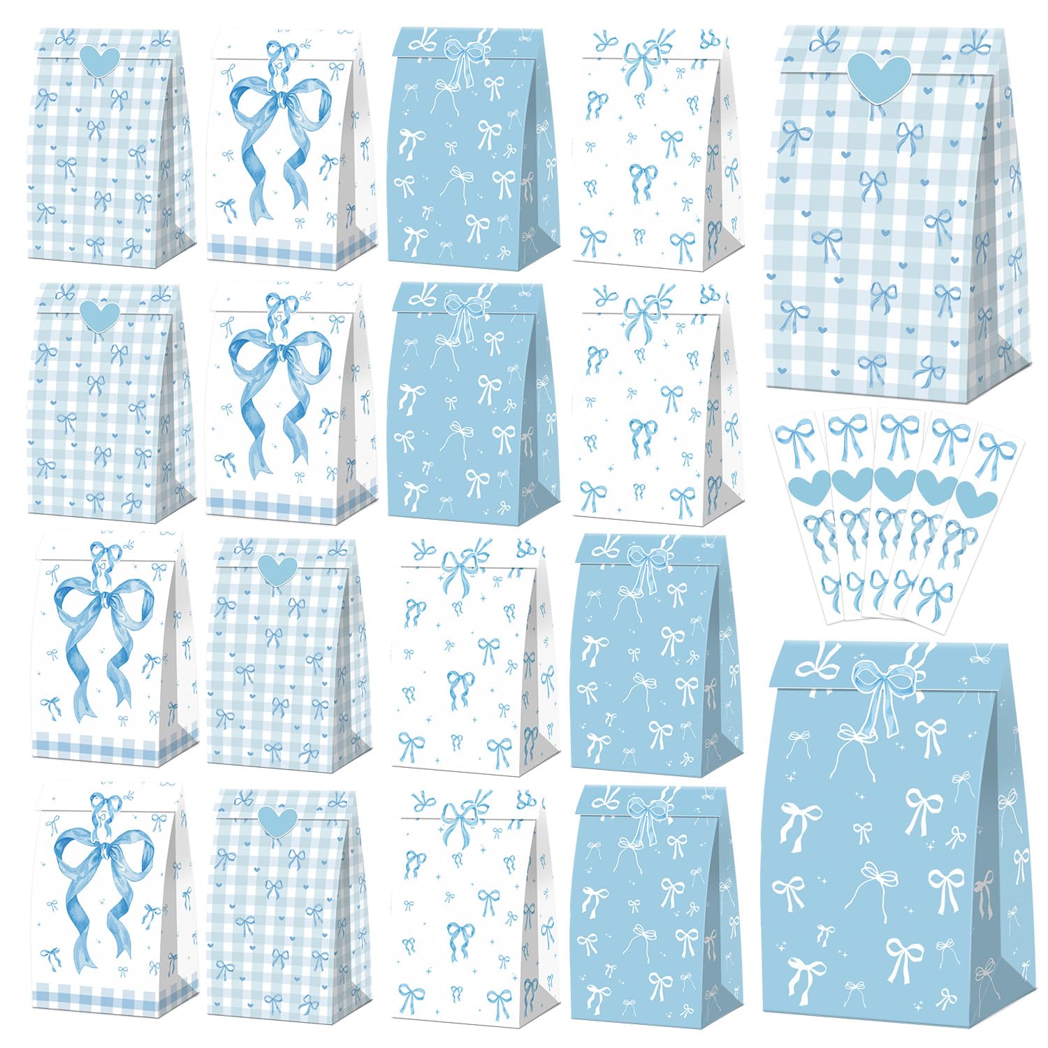 XJLANTTE 20 Pcs Blue Bow Goodie Bags - Bow Party Favors Bag with Stickers, Coquette Gift Paper Bags, Bow-shaped Birthday Candy Treat Bag for Baby Shower Wedding Party Decorations