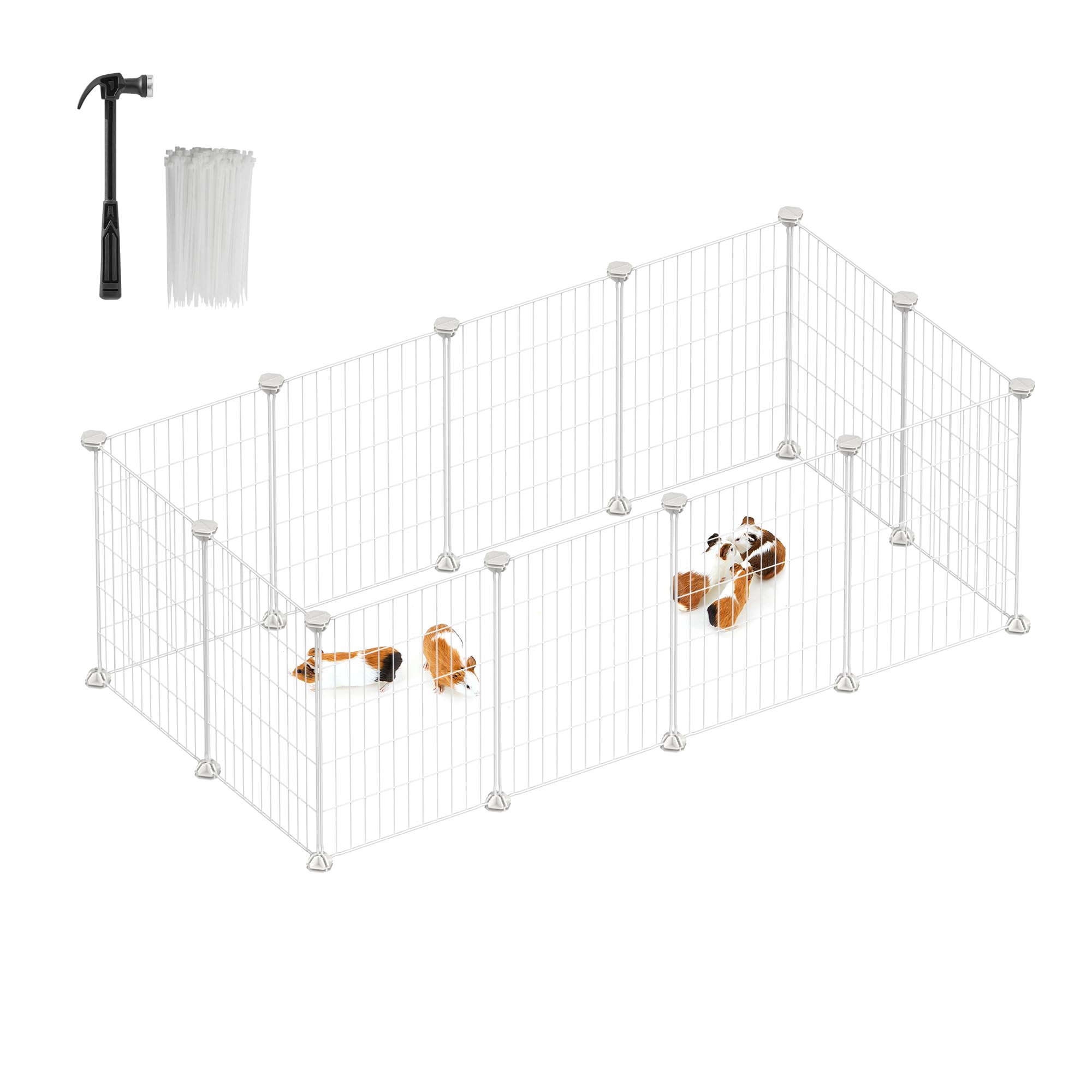 SONGMICS Pet Playpen, Small Animal Cage, Pet Fence with Cable Ties, DIY Metal Enclosure for Guinea Pigs, Hamsters, Rabbits, Hedgehogs, White ULPI001W01