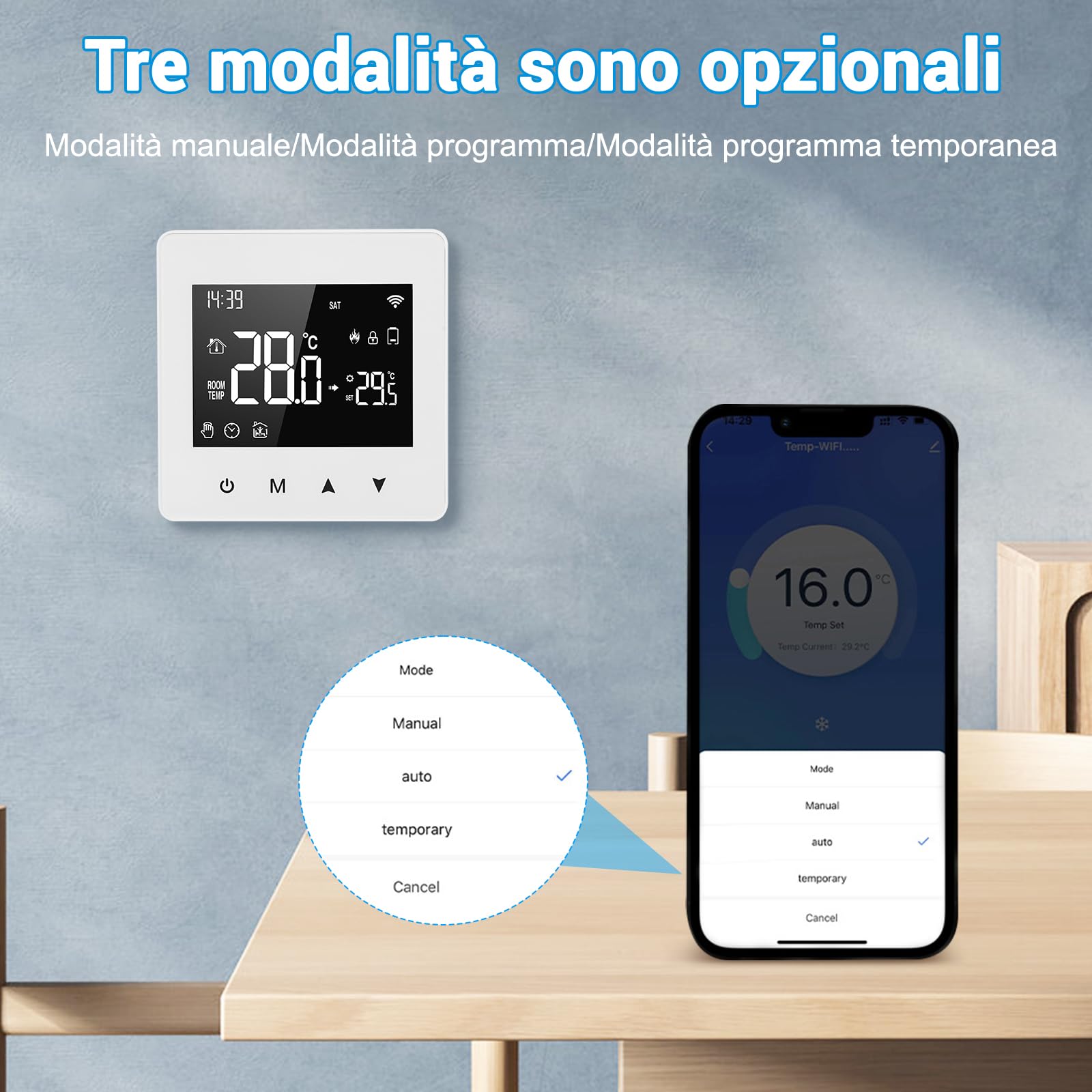 Termostato WiFi, Termostato Caldaia Programmabile, Intelligente 503 da Parete, LCD Digitale Touchscreen, per Alexa e Google Assistant, a Batteria, 3A, Bianco
