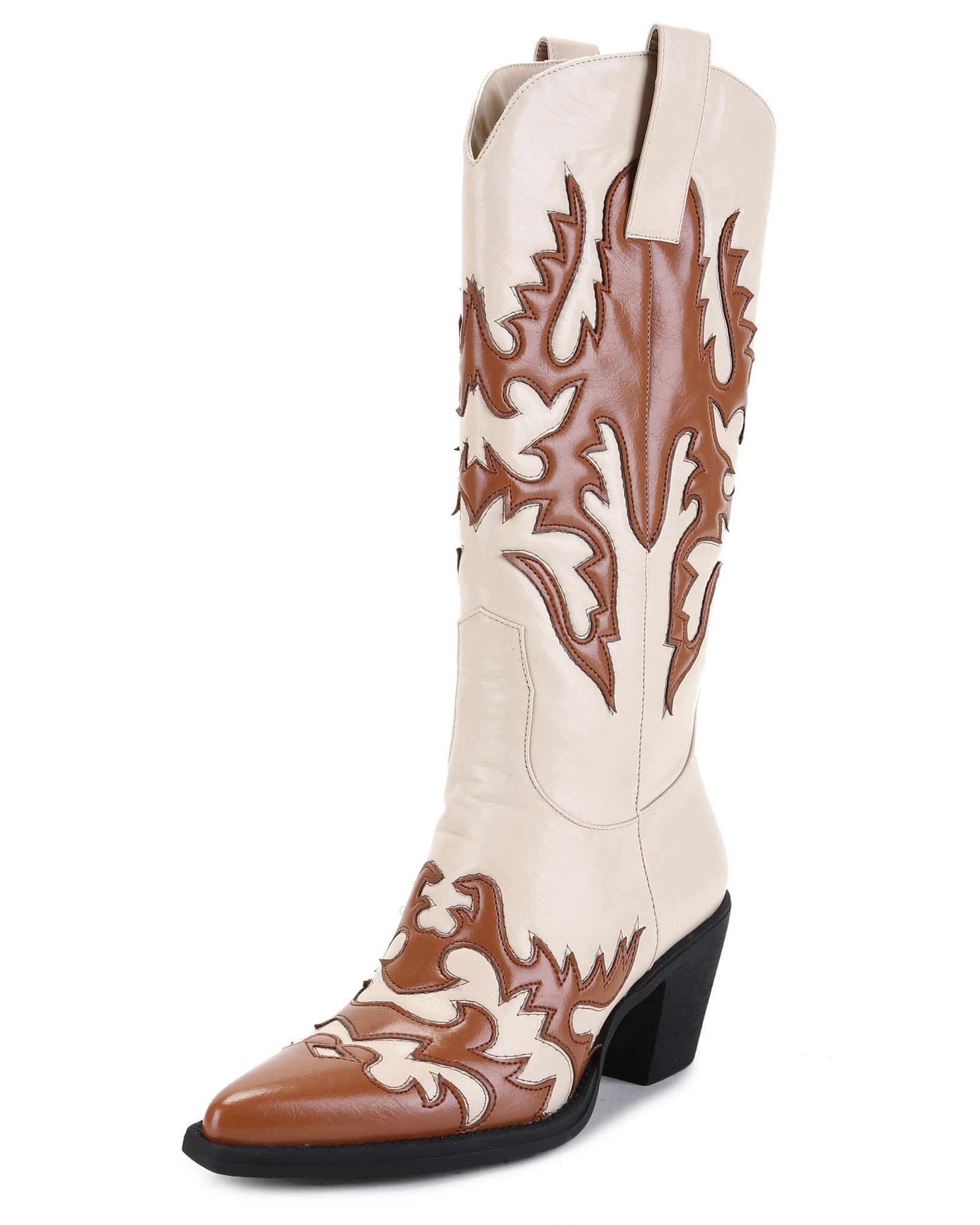 ANN CREEK Women's 'Claremont' Sexy Cowboy Boots Mid Calf Knee-high Patchwork Dressy Cowgirl Western Woman Chunky Heel Pointed Toe Trendy Knee High