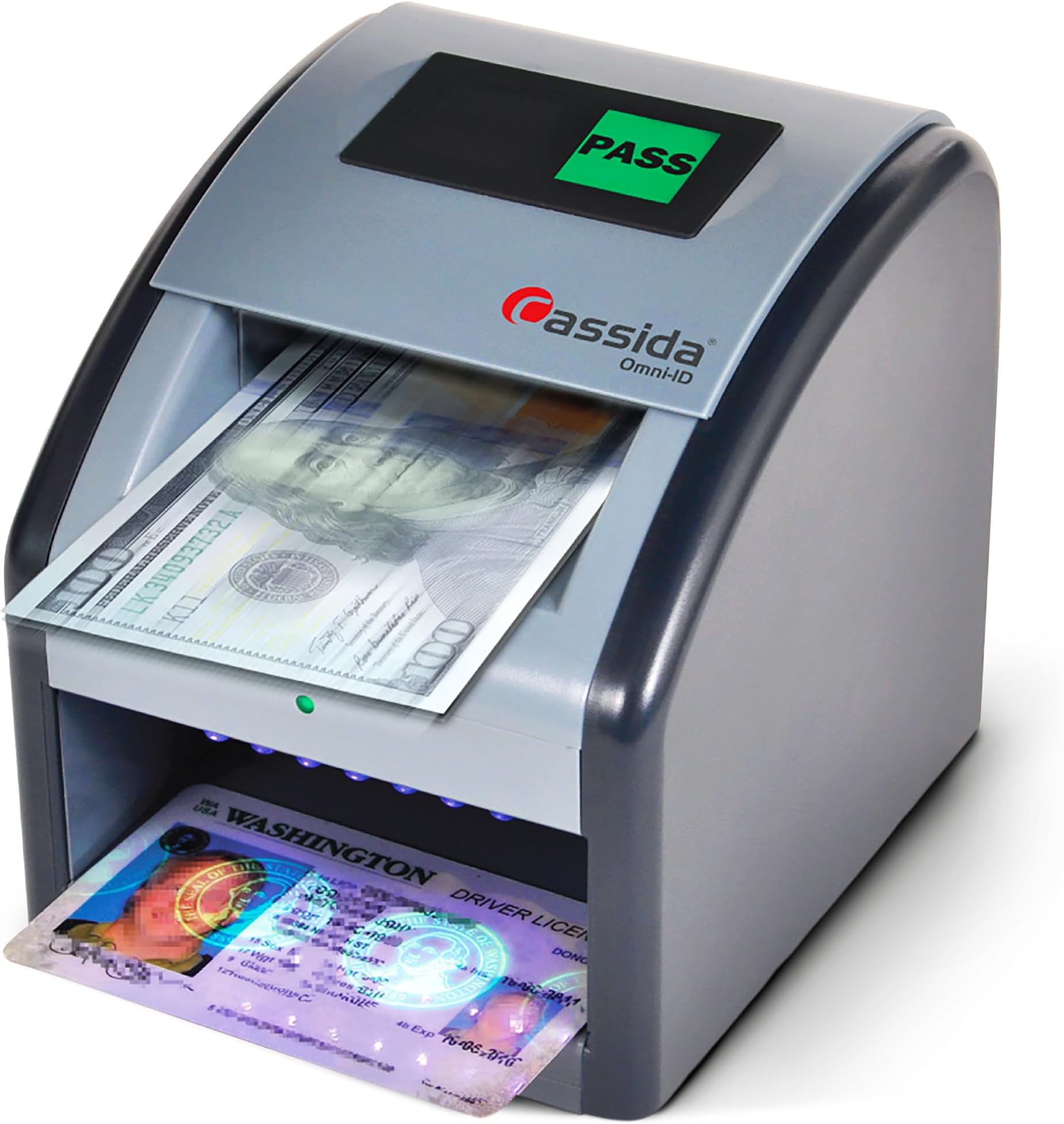 Cassida Omni-ID 2-in-1 Currency Counterfeit Detector with UV Identification Verification Lights โ Bill Checker with Infrared, Magnetic and Ultraviolet Sensors - Easy to Read PASS/FAIL Display