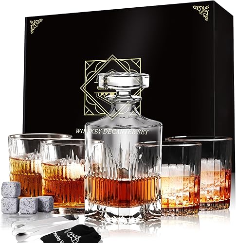 Juego de decantadores de whisky con 4 vasos  Regalos de cumpleaños para hombres, papá, novio, juego moderno de vasos de whisky de cristal y