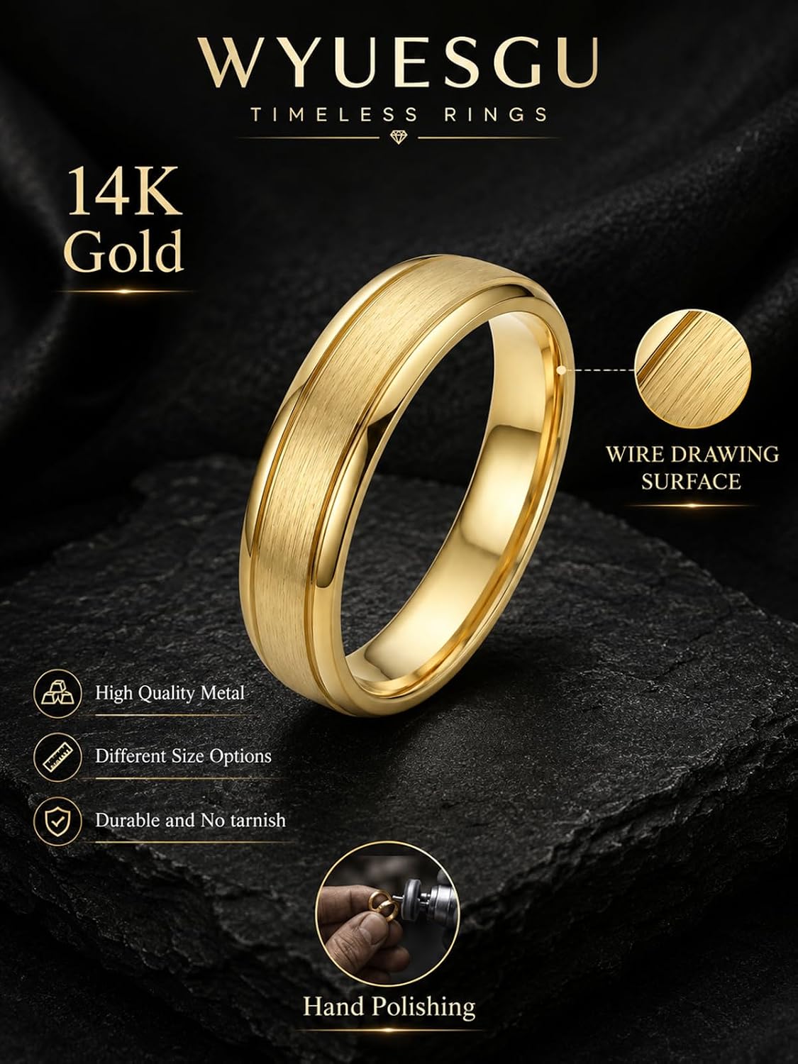 14K Gold Rings for Men, 7MM Width Wedding Band Ring Comfort Fit