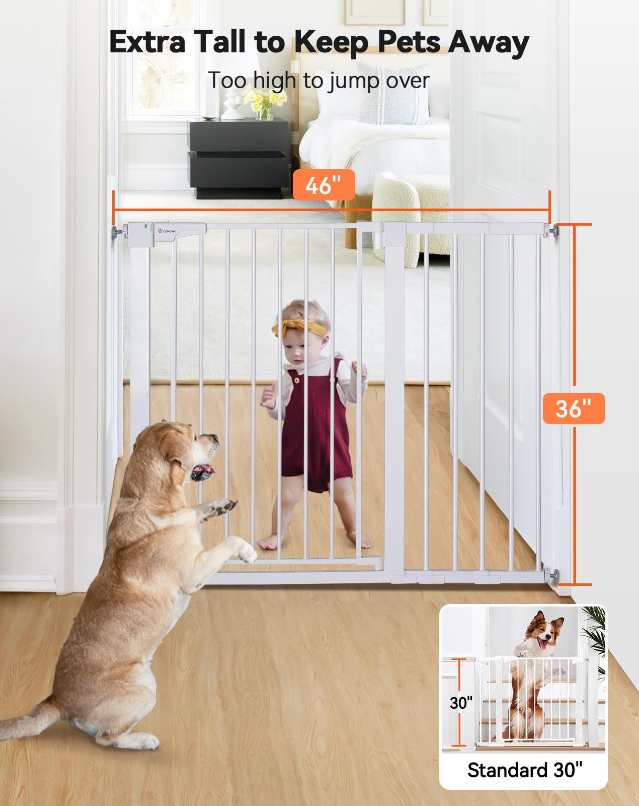 COMOMY 91,5cm Cancelletto per cani Extra Alto, per Scale e Porte, 75 a 103cm di Larghezza, Montato a Pressione Cancellino Bambini di Sicurezza Extra Largo a Chiusura Automatica per Casa, Bianco