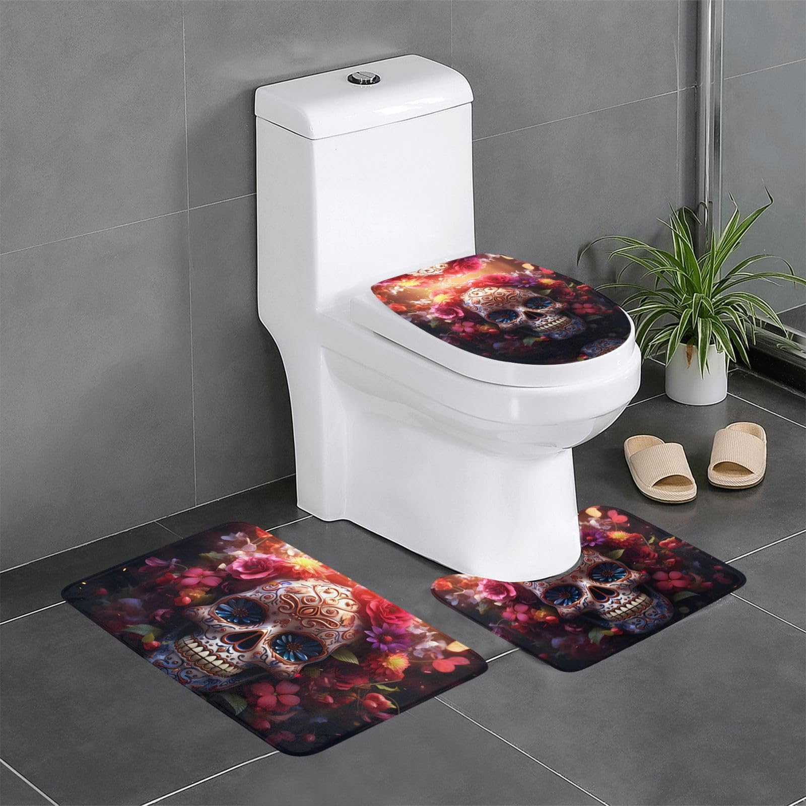 Tapis de bain crâne et fleurs Sugar Horror lot de 3 absorbant et antidérapant pour salle de bain