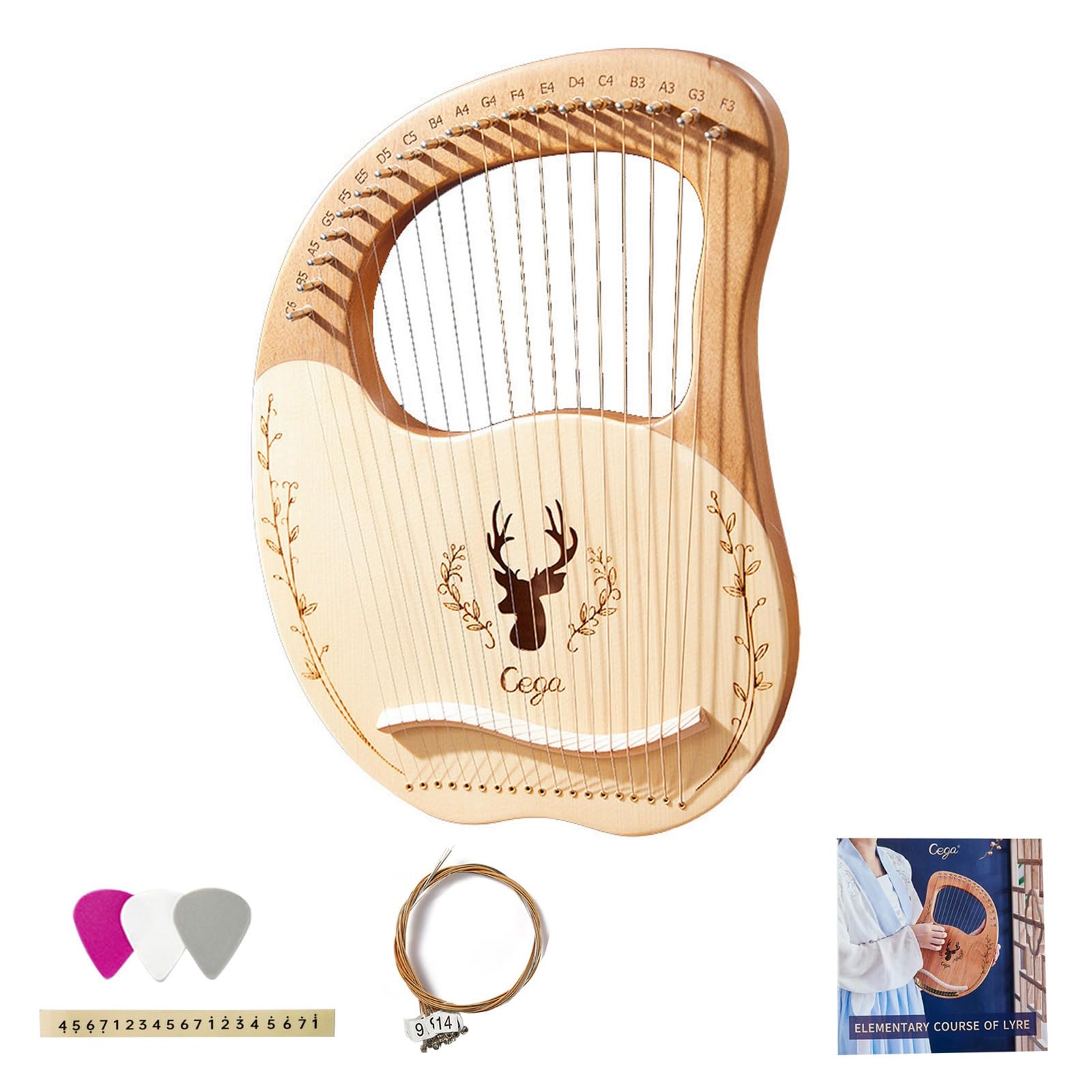 Arpa Lira a 19 Corde Arpa Lira Strumento a Corde Scatola di Risonanza in Legno in Acciaio Note Incise Portatili con Chiave per Accordatura e Guida per Principianti (Naturale)