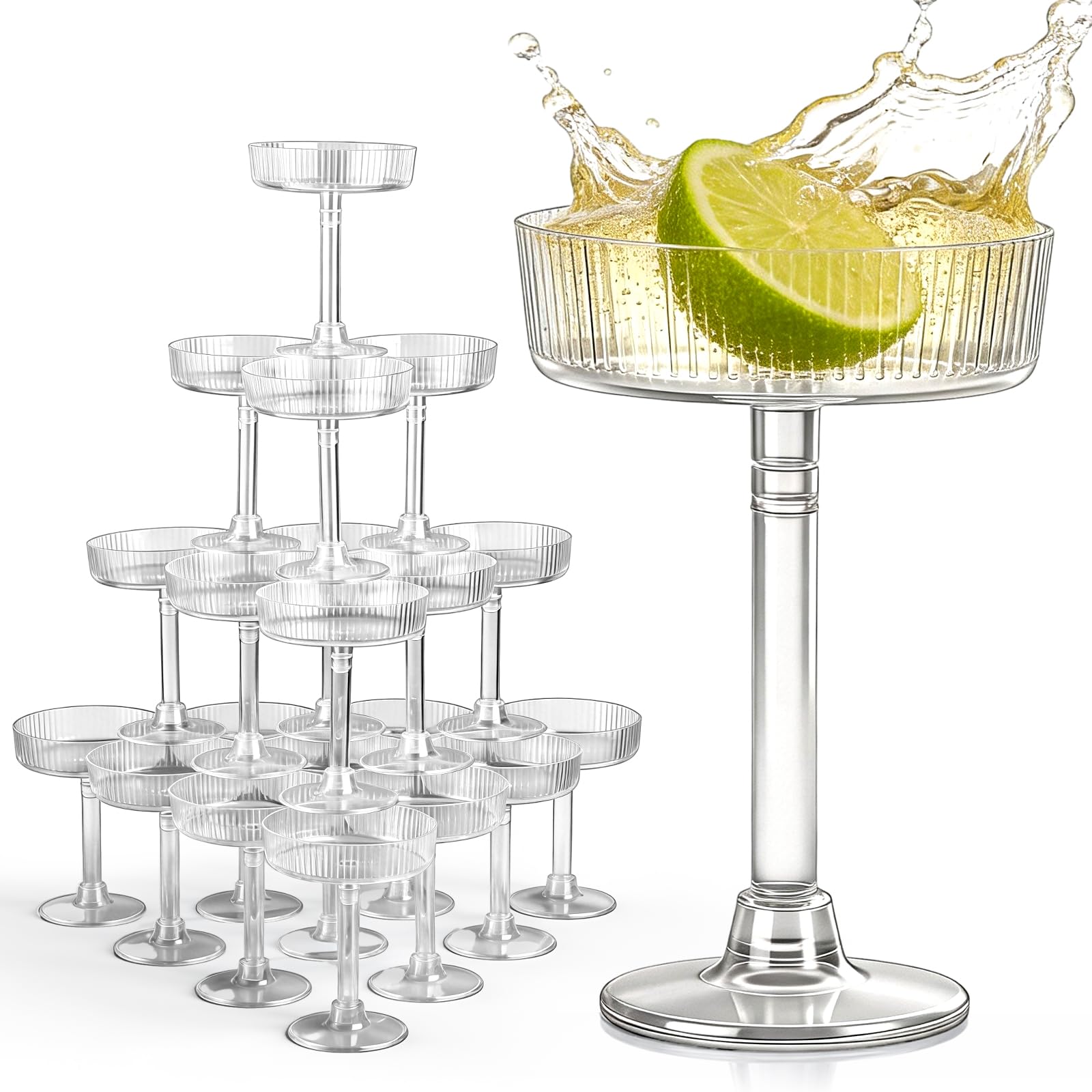 Photo 1 of Acellegic 24 Pack Plastic Champagne Tower 5 oz Champagne Flutes Martini Glasses Unbreakable Plastic Cocktail Glasses Stackable Stemmed Martini Cups for New Year Party Wedding Birthday Party Bar