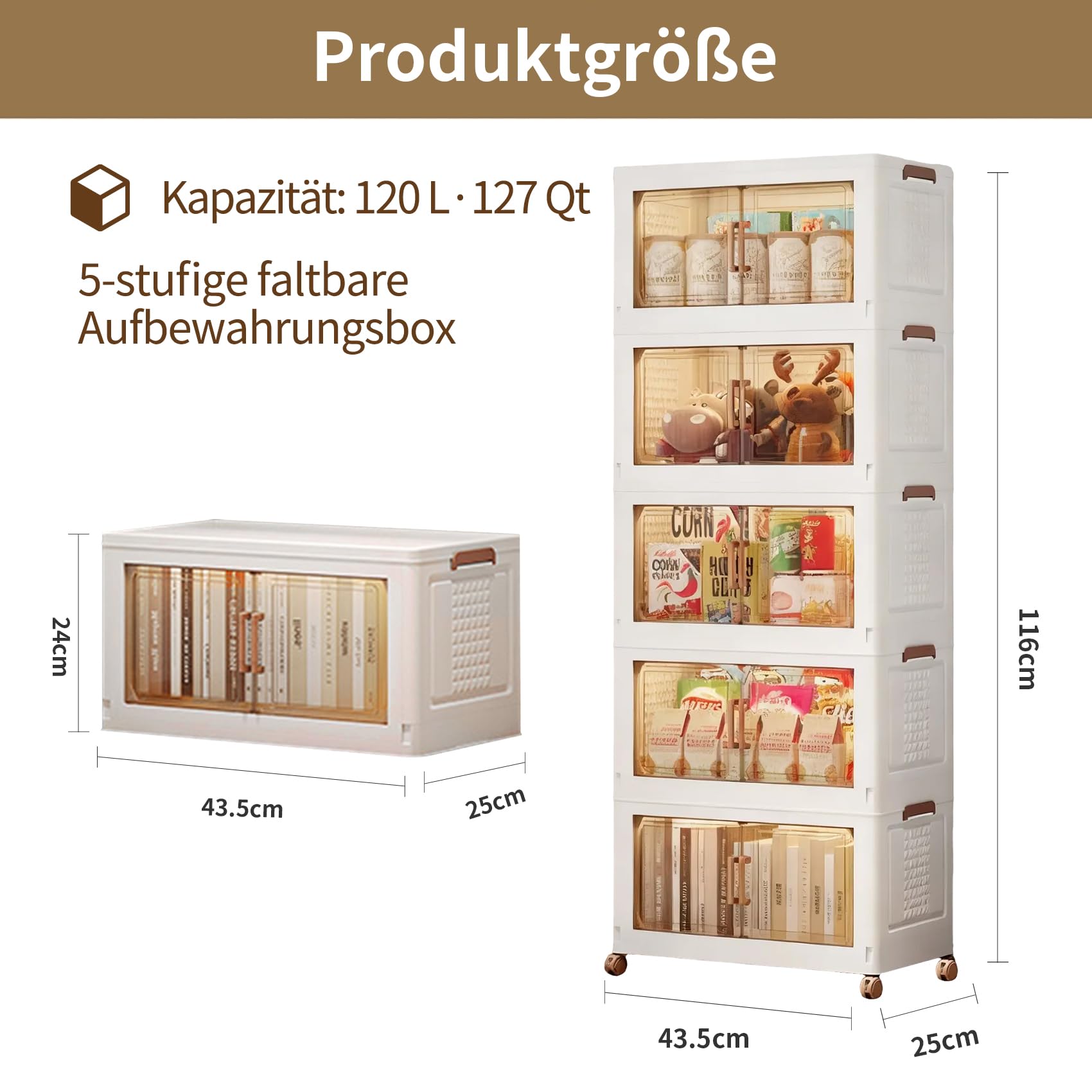 24L*5 Faltbare Aufbewahrungsbox mit Deckel mit Rollen | Stapelbare Aufbewahrungsboxen Plastikbox mit Magnetische Tür Storage Boxes für Schlafzimmer Wohnzimmer und Küchen