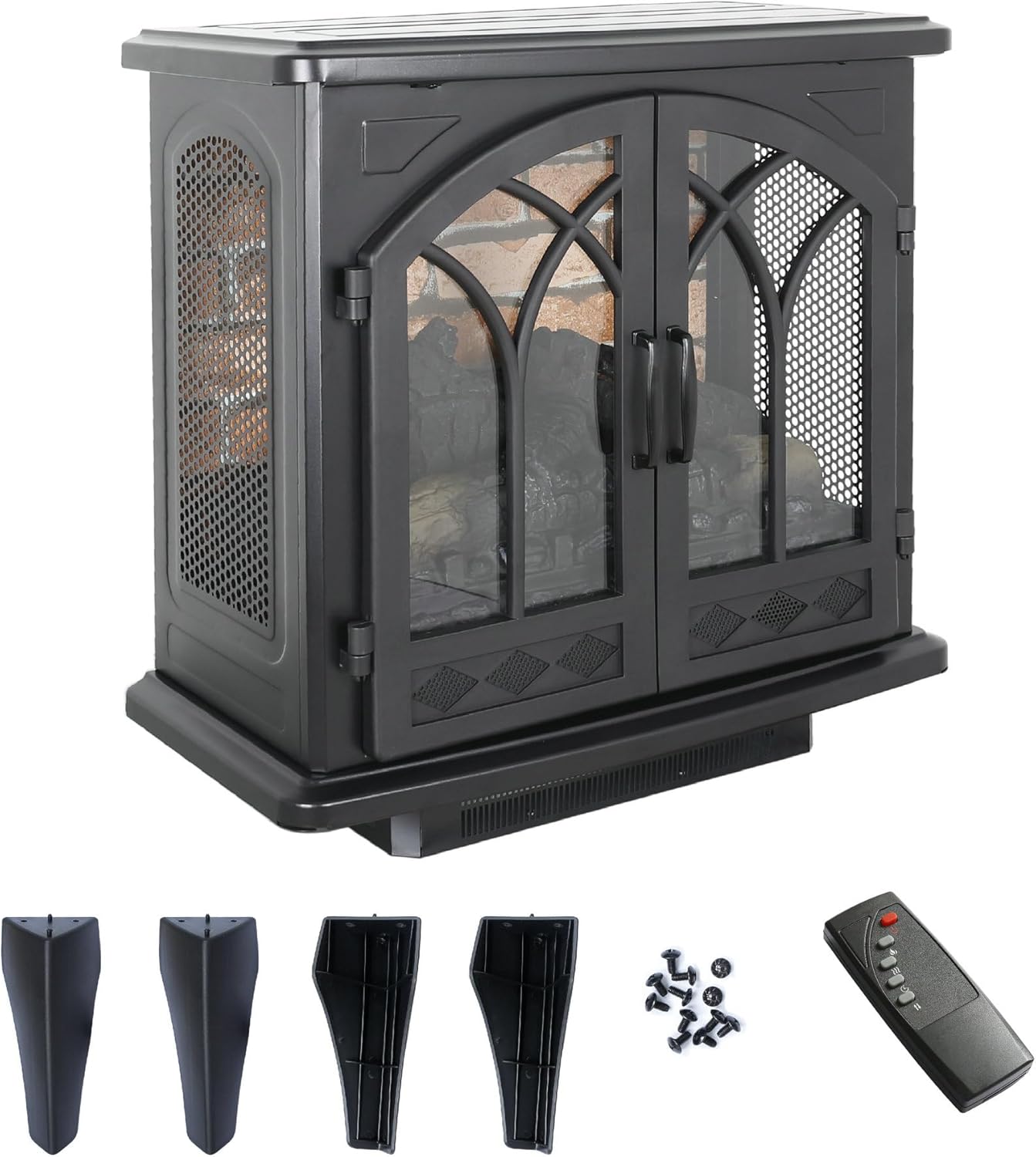 SOFTSEA 24" 3D Flame Electric Infrared Quartz Fireplace Stove with Remote Control, Back Wall Tile Design Flame Colors Effect with 4 Adjustable Brightness, 1500W Heater and 11 Temperature Settings