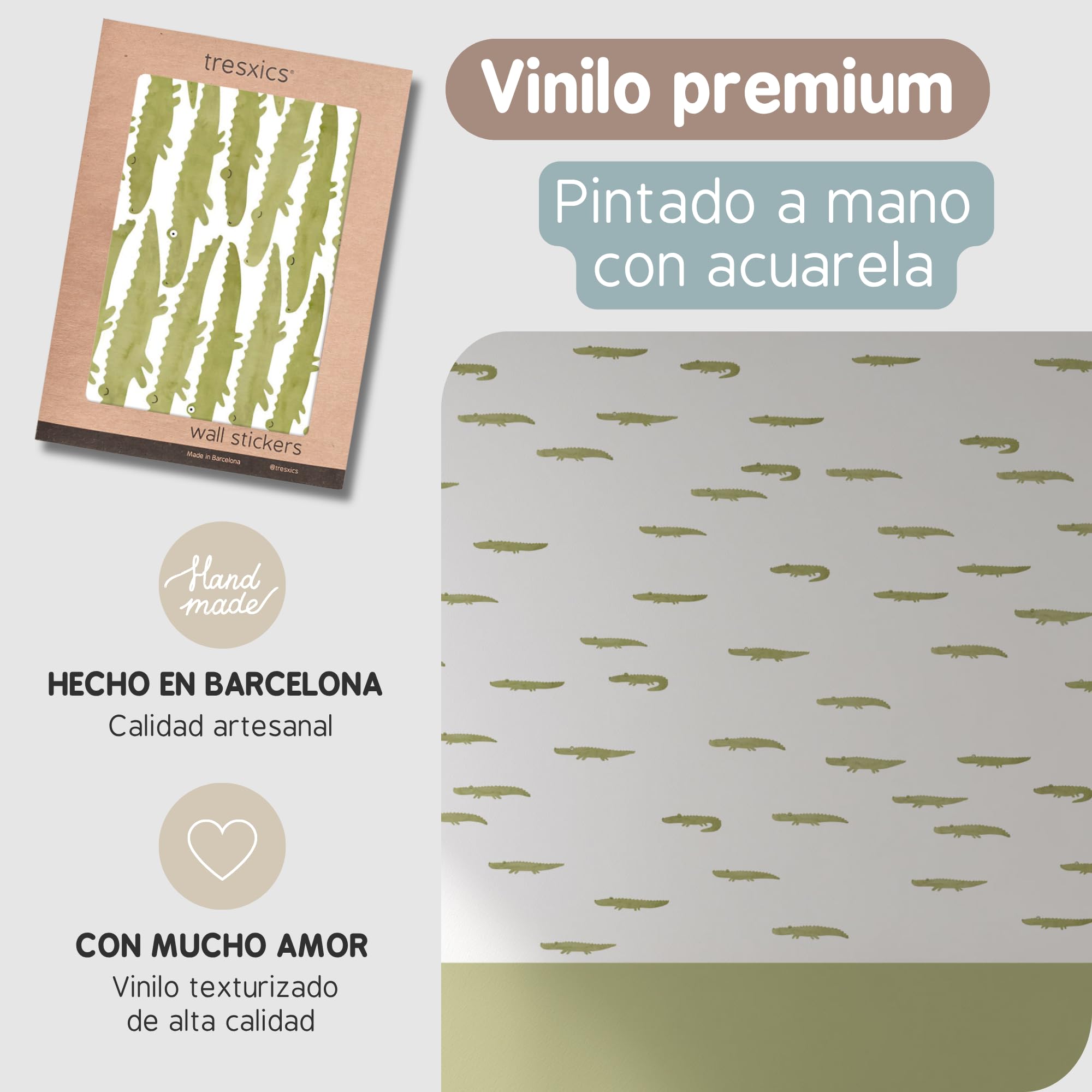 Pegatinas Pared Decorativas Infantiles Cocodrilo | 6 Láminas, 84 Cocodrilos Adhesivos | Vinilo Adhesivo Pared | Efecto Papel Pintado | Cubre 9 m² | TRESXICS (Caqui)