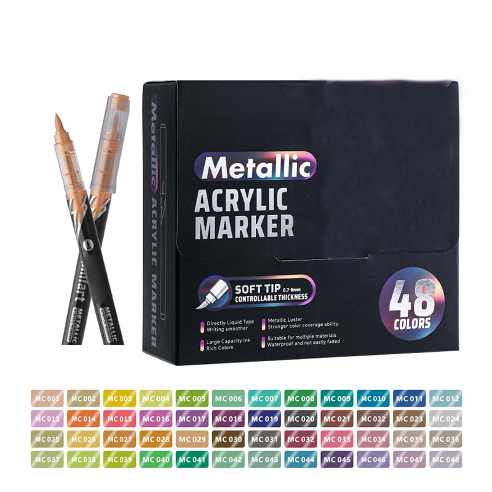 48-Farben Metallic Acrylfarbmarker mit weicher Pinselspitze, Acrylmarker für Modellmalerei, Journaling und Skizzieren Kunstmarker auf Wasserbasis