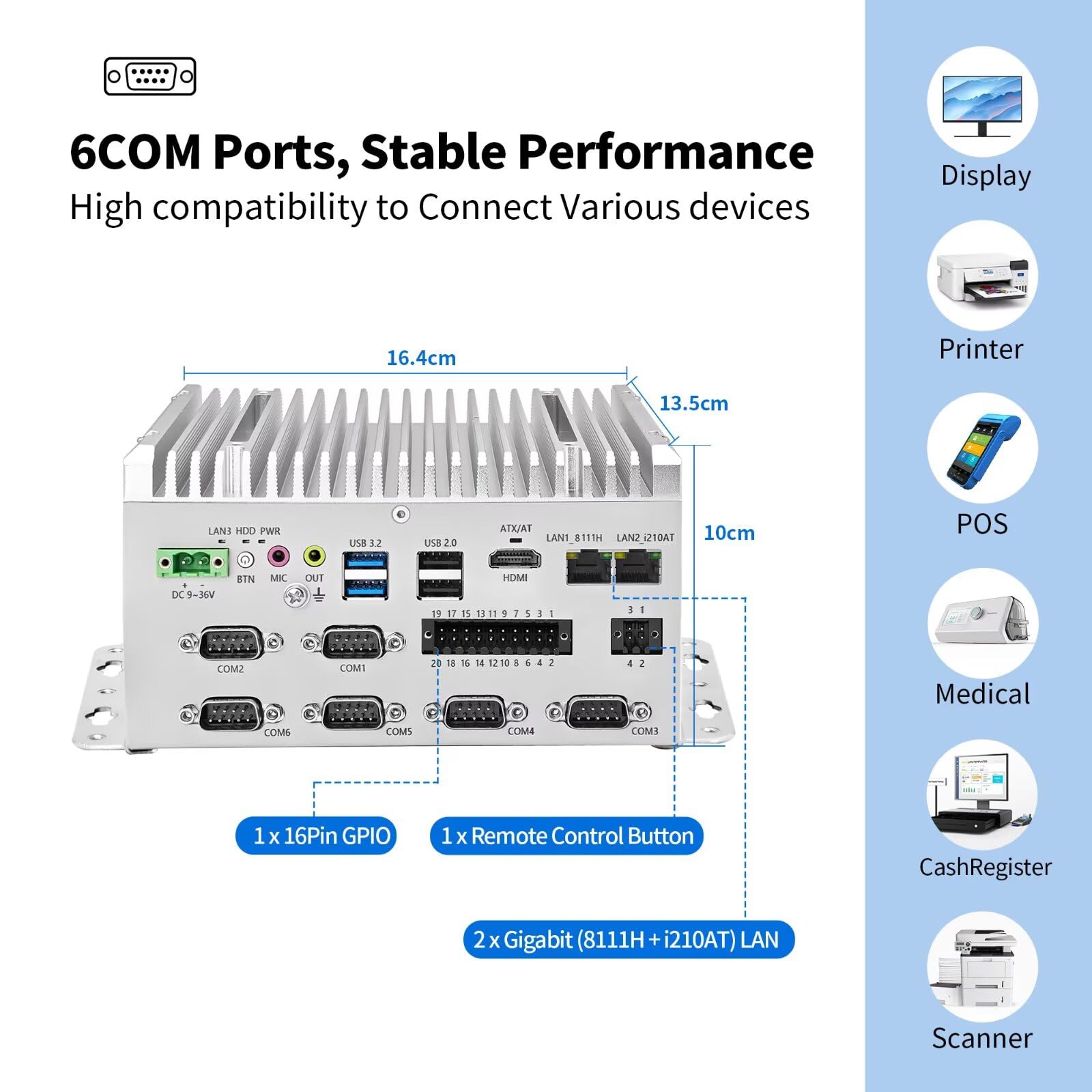 Industrie Mini PC Lüfterlos Fanless Embedded Computer J6412 Dual LAN 6COM 16Pin GPIO 4USB 4K Display Auto Power On DDR4 0G RAM 0G SSD