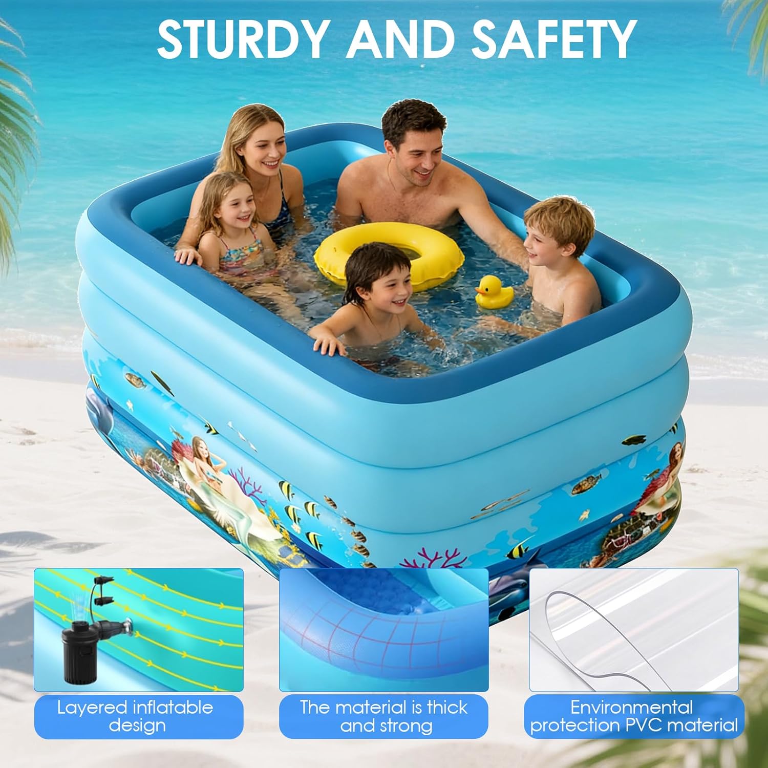 Inflatable Pool for Kids and Adults, Oversized Thickened Family Blow Up Pools, Rectangular Inflatable Swimming Pool for Backyard, Outdoor, Garden, Summer Water Party (47X35X30IN 4-Floor)