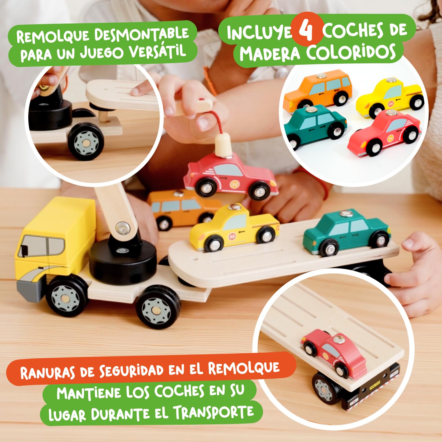 Nene Toys Camión Grúa de Madera con 4 Coches Magnéticos y Remolque Desmontable – Juguete Educativo para Niños 2+ Años – Vehículos Montessori Interactivos – Regalo Niños Niñas 2 3 4 Años