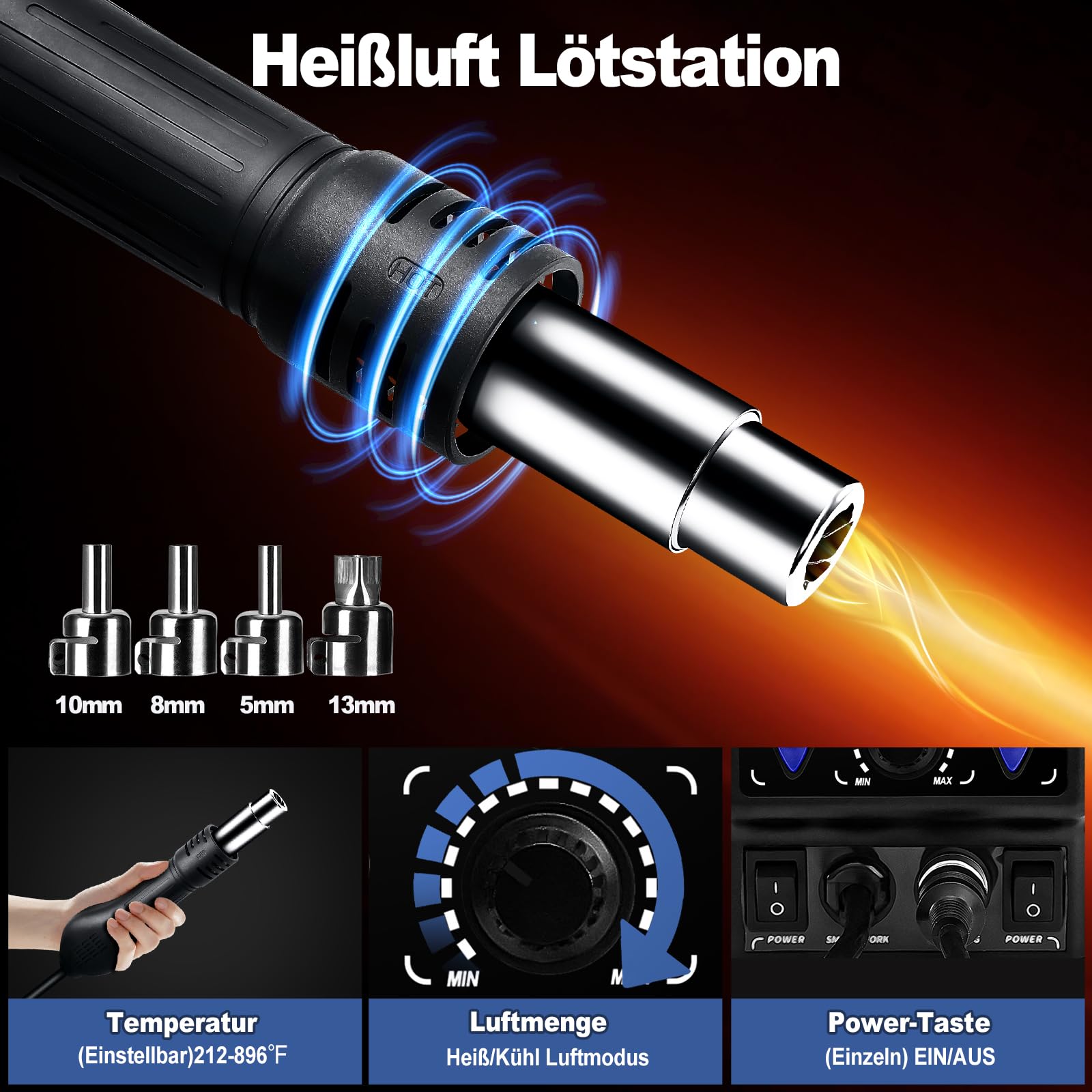 Yofuly 750W Lötstation, 2 in 1 Heißluft Lötstation Lötkolben Set 8786D SMD Entlötstation & Lötstationen 392°F -896°F Einstellbare Temperatur LED Digital Anzeige 5 Zusätzliche Lötspitzen (EU)