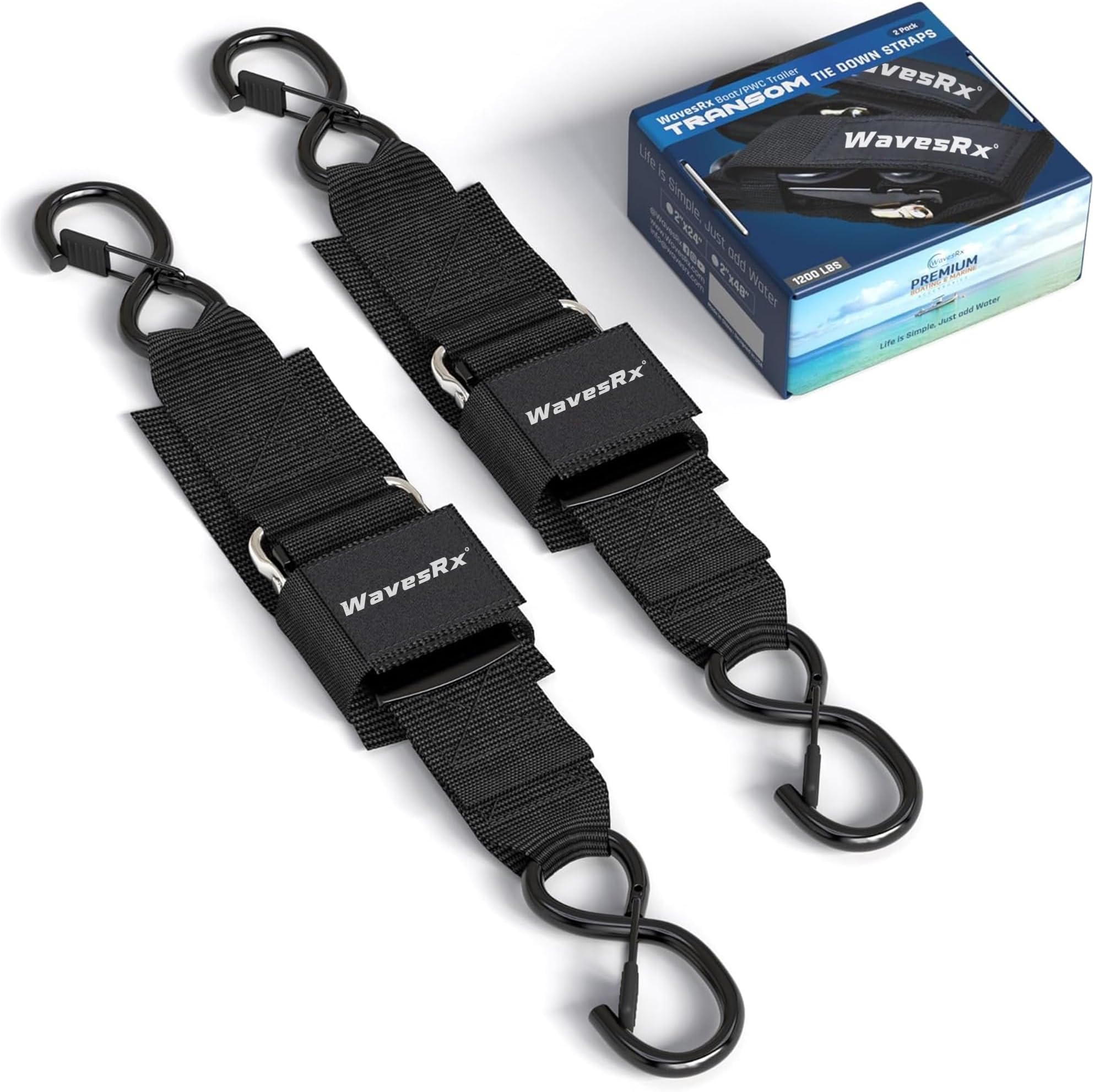 WavesRx Jet Ski & PWC Trailer Transom Straps (2PK) | 24" Marine Tie Downs Adjustable Safety Straps | Outperforms Ratcheting and Retractable | JetSki Accessories for Safe & Secure Transportation