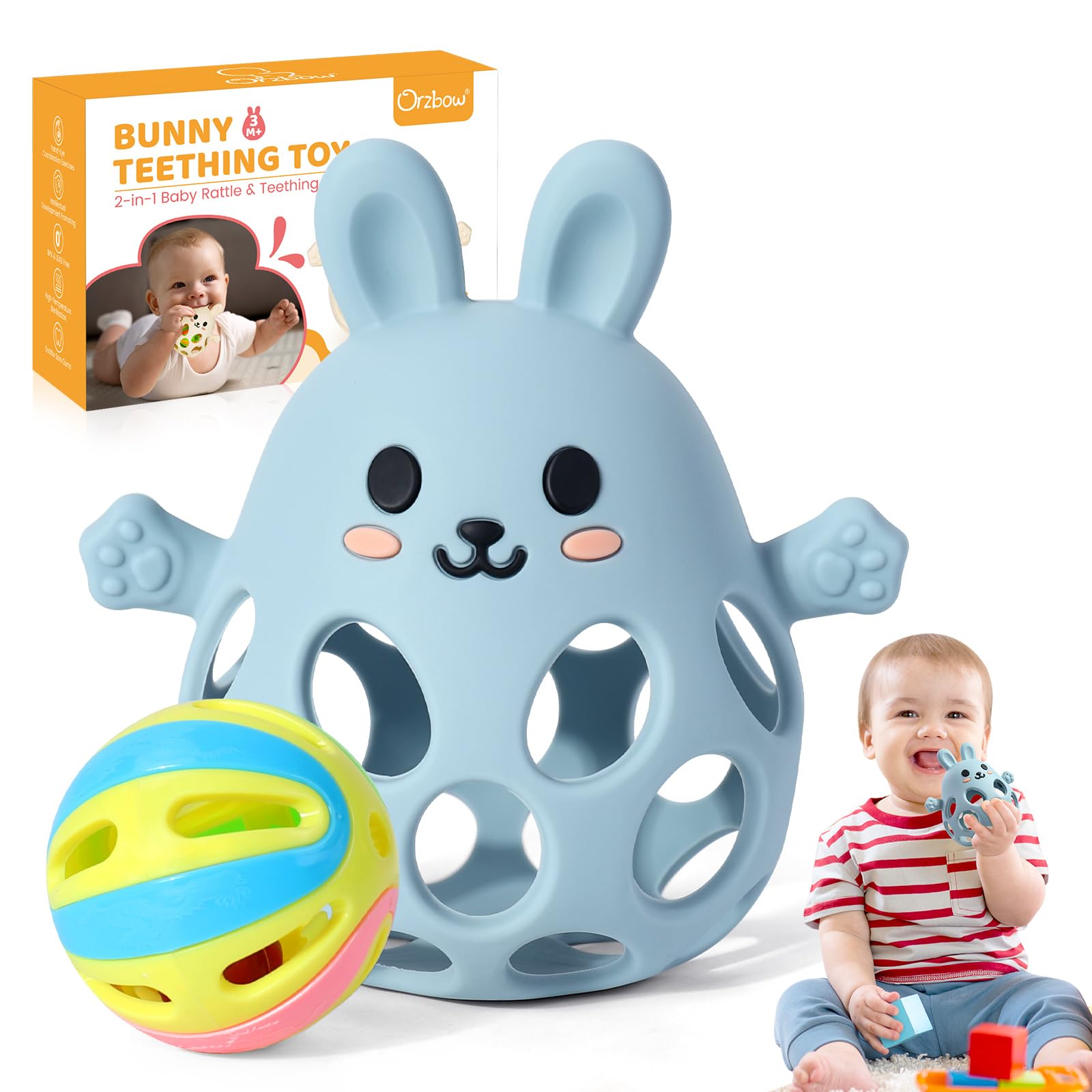 Orzbow Baby Teething Rattle Toys, Wrist Rattles Teething Mitten for Teething Relief, Easy Grasp Hand Teether with Textured Surface, Easter Gift for Newborn 3-6-12 Months, Food Grade Silicone, Blue