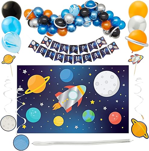 BLUE PANDA - 102 piezas de decoraciones de fiesta de cumpleaños del espacio exterior con telón de fondo de galaxia, pancarta, globos, remolinos
