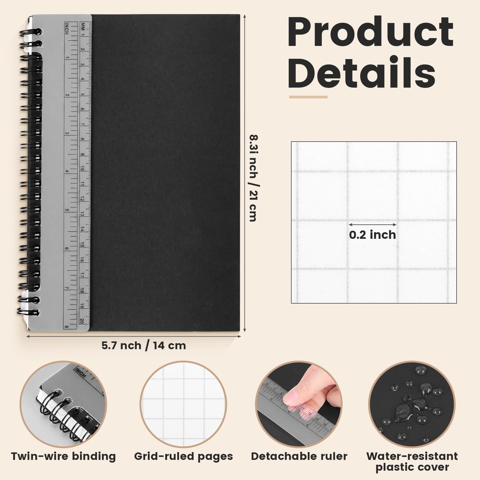 Engrowtic 6 Pcs Graph Paper Spiral Notebook 160 Pages 5.7" x 8.3" A5 Hardcover Journal Notebook Waterproof 80 Gsm Grid Paper with Removable Bookmark Ruler for Work School Writing Engineering Math